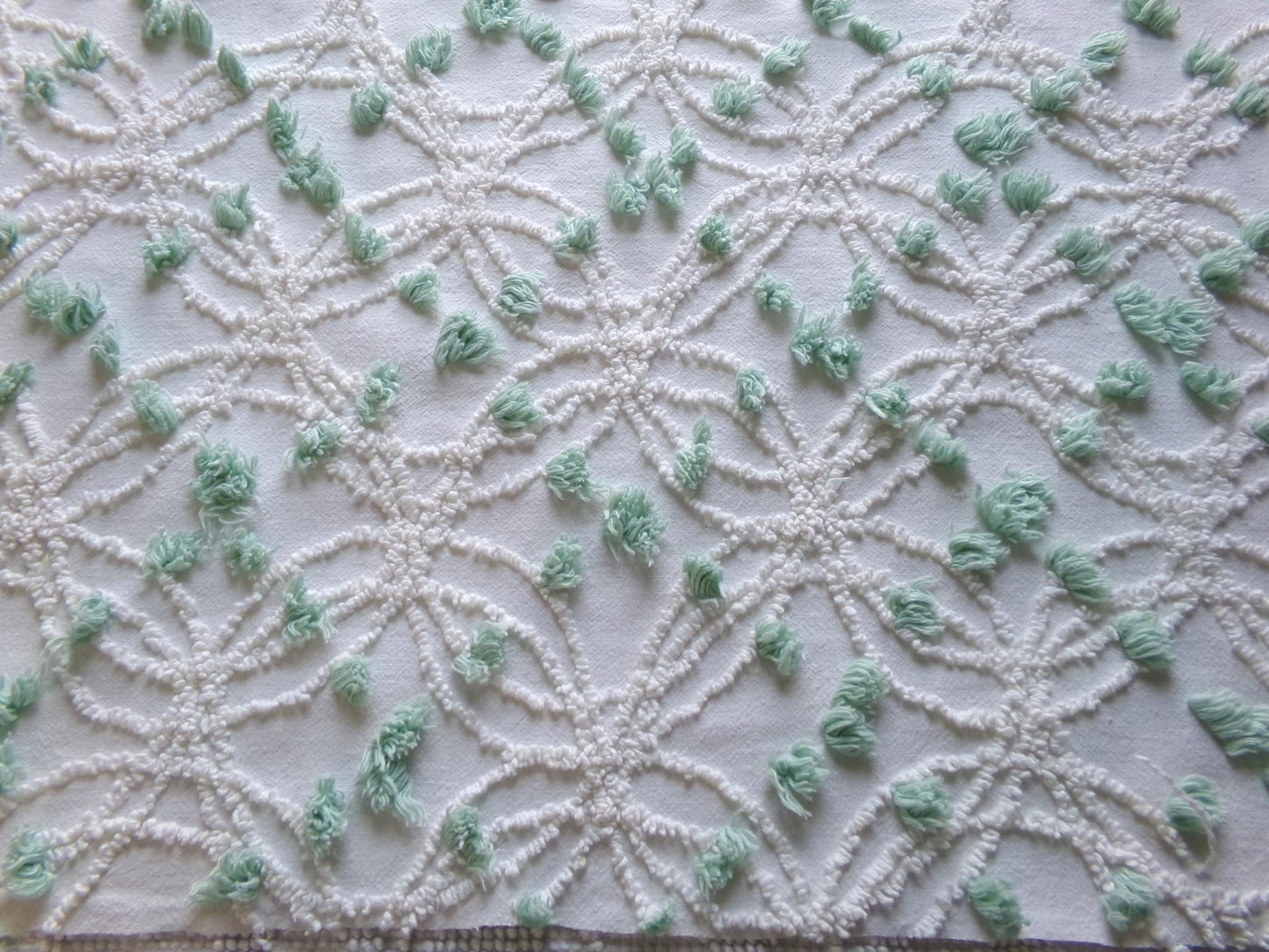 Breezy White Vintage Chenille Fabric, 15" x 25" Piece, Needletuft Wedding Rings with Mint Green Pops