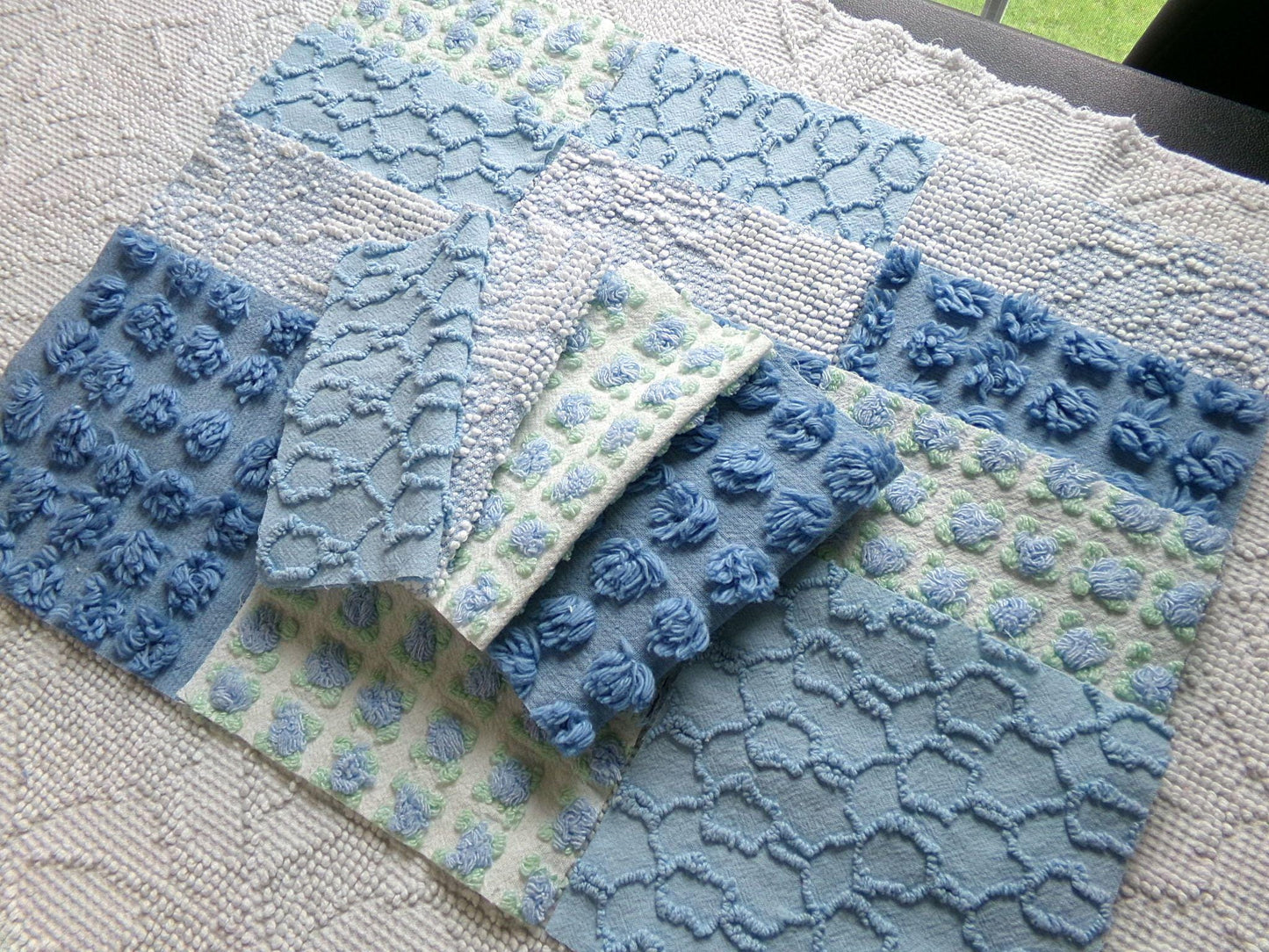 magical moonglow chenille fabric squares, 16 vintage 6" quilt blocks in blue & white, for sewing, crafts, fiber arts