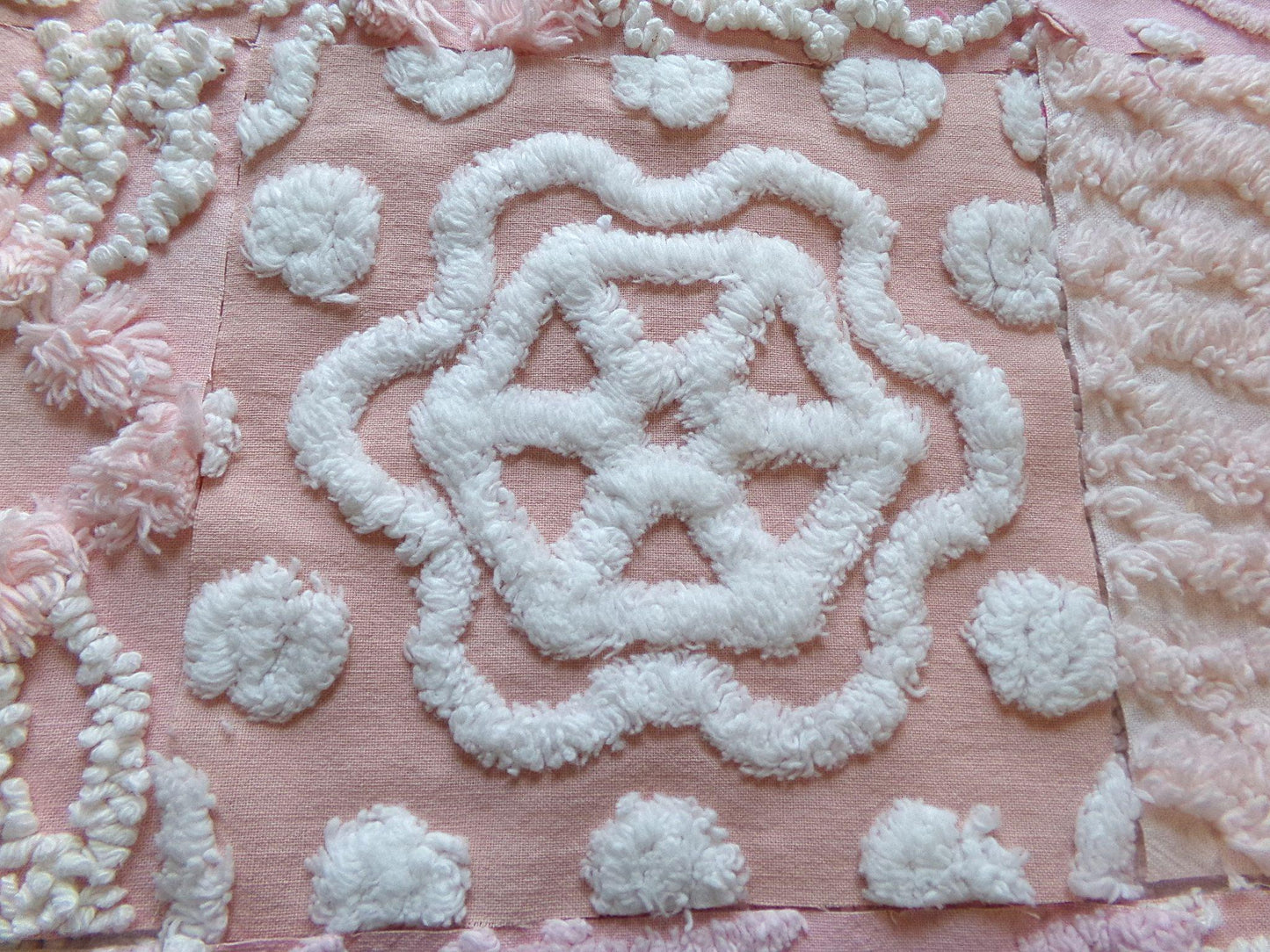 feminine glow vintage 6" chenille squares, set of 16 quilt blocks, rotary cut from pink & peach vintage chenille bedspread fabrics