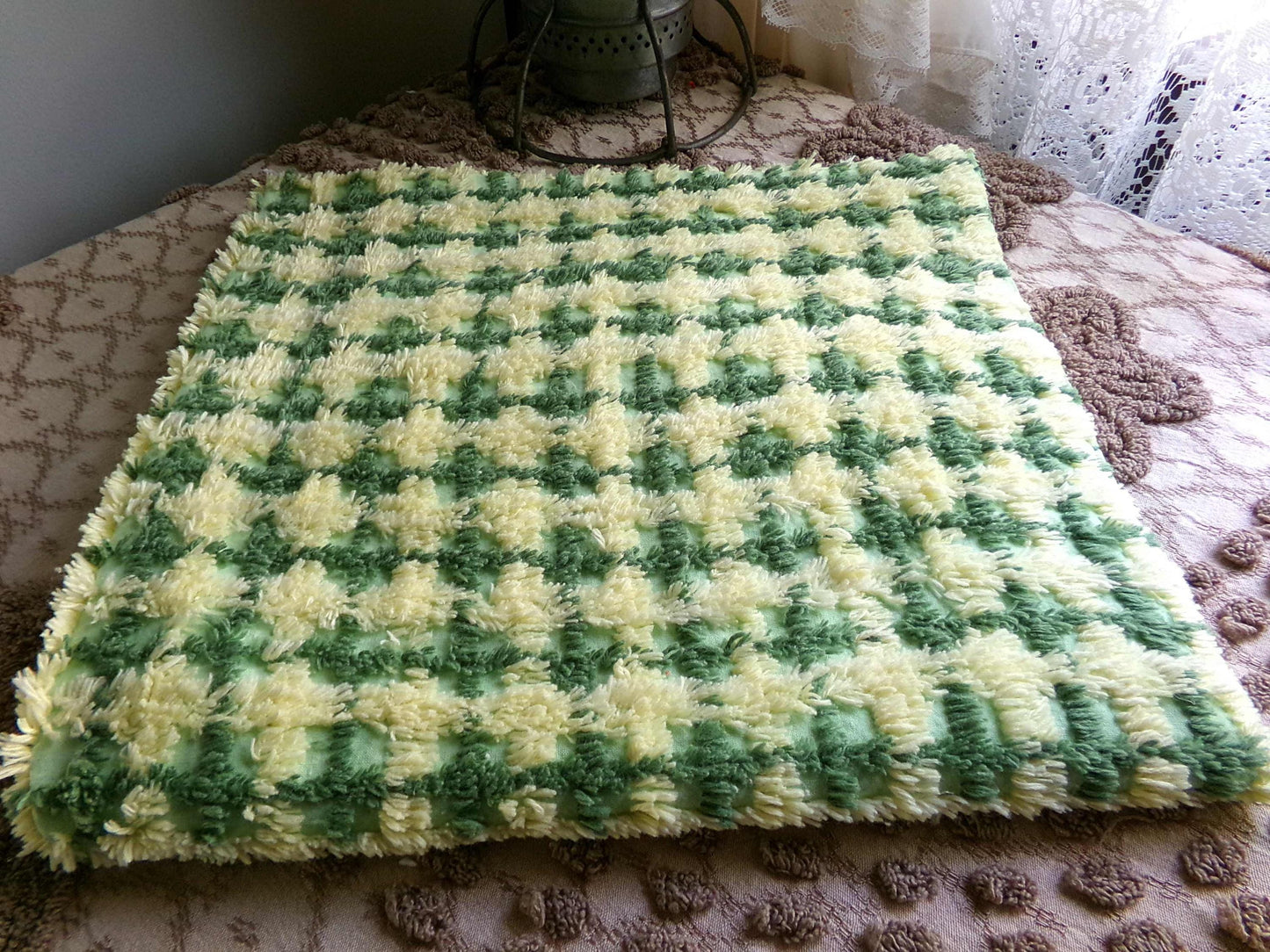 Cheerful Green & Yellow Plaid Vintage Chenille Fabric, 21" x 23" inch Piece, Soft Cotton Blend