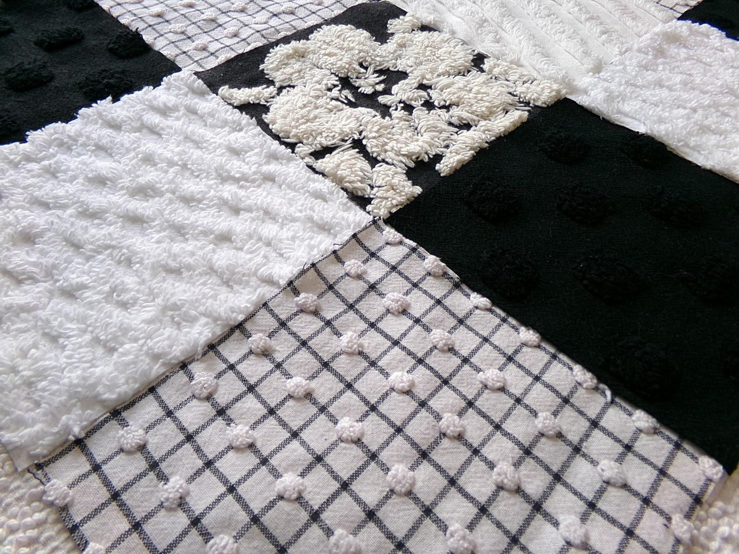 trendy tuxedo b&w chenille fabric squares, set of 16 vintage black and white quilt blocks 6" ea, great textures for crafts, quilting