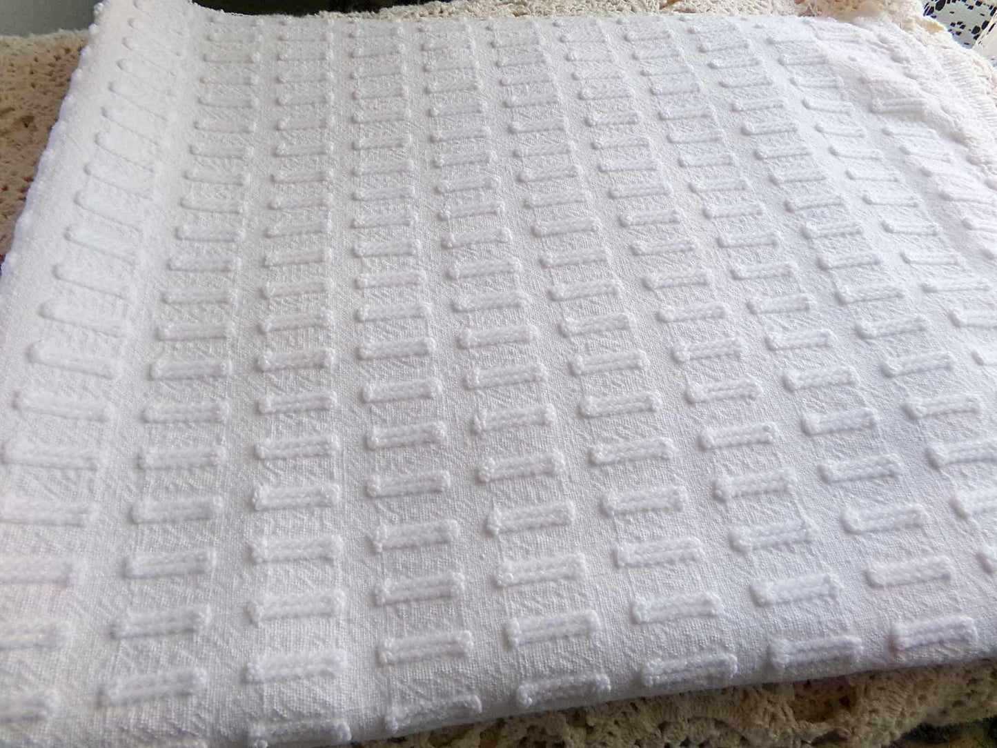 minimalist white vintage chenille fabric: buttonhole design, 18" x 24" cut piece sewing material