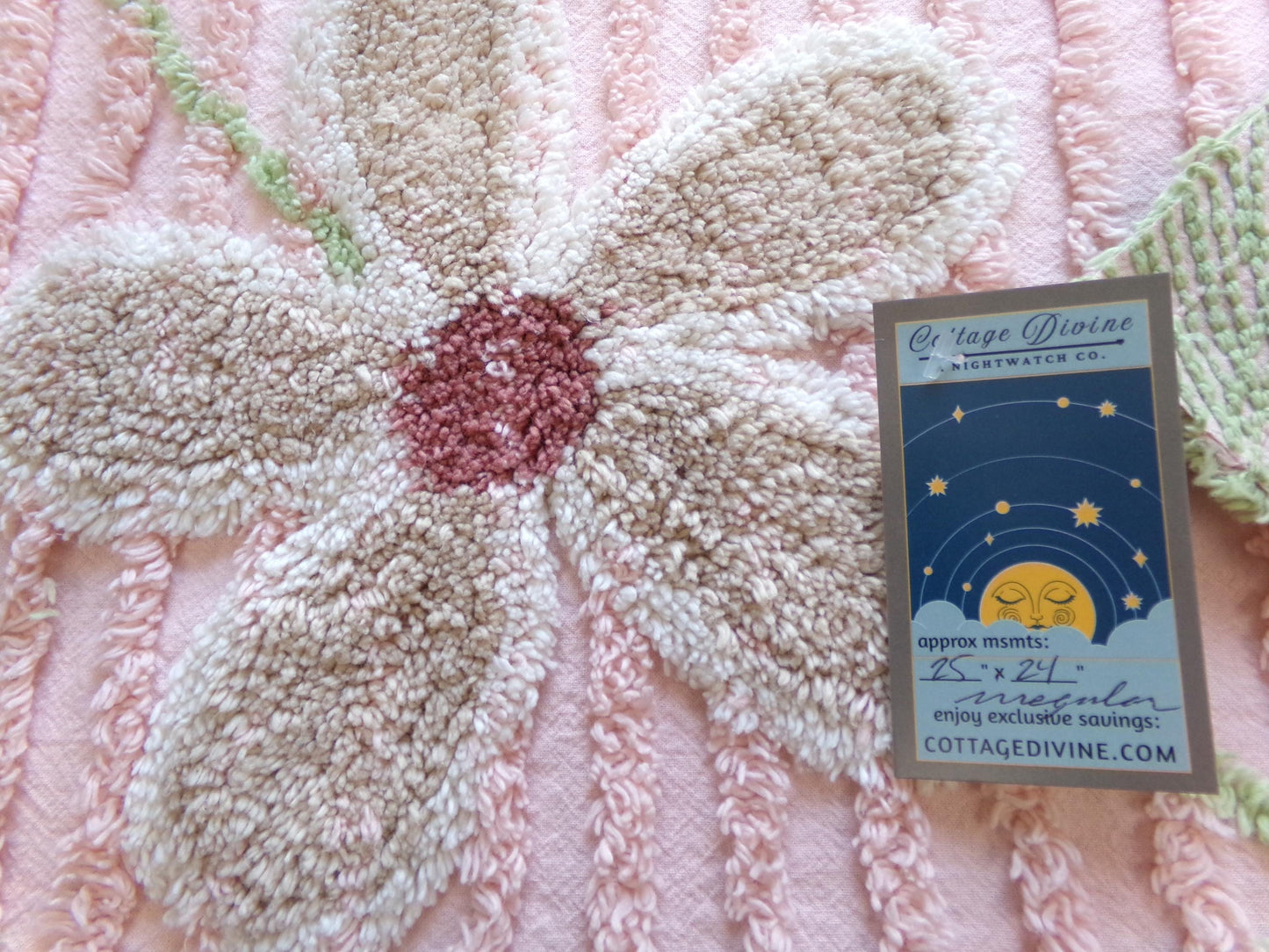 Rosy Pink Floral Vintage Chenille Fabric, Wideset Climbing Daisy Flower Design, 25" x 24" inch Piece of Cotton Sewing Material