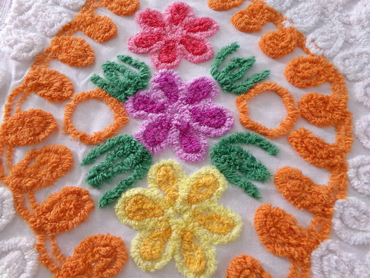 shabby fabulous citrus orange & white fabric with colorful diamond flower trio, 27" x 26" inch piece cut from a vintage chenille bedspread