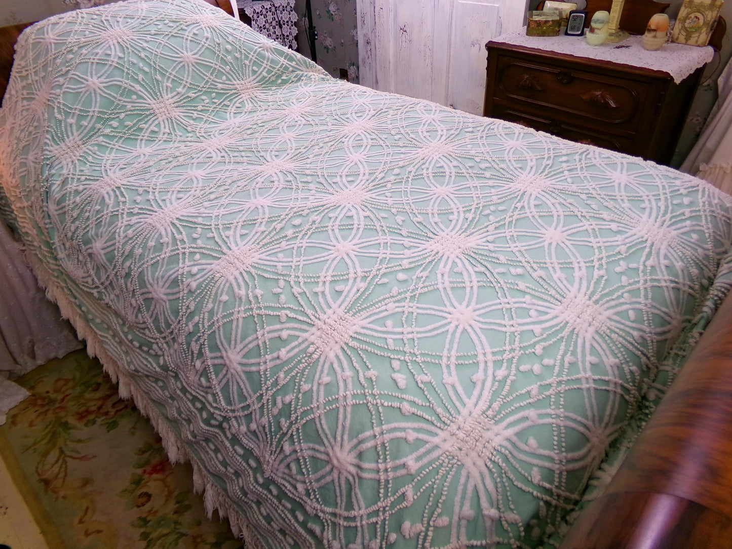 jade green pink rose vintage chenille bedspread, beautiful twin size shabby chic style bedding, great as a summer cottage coverlet