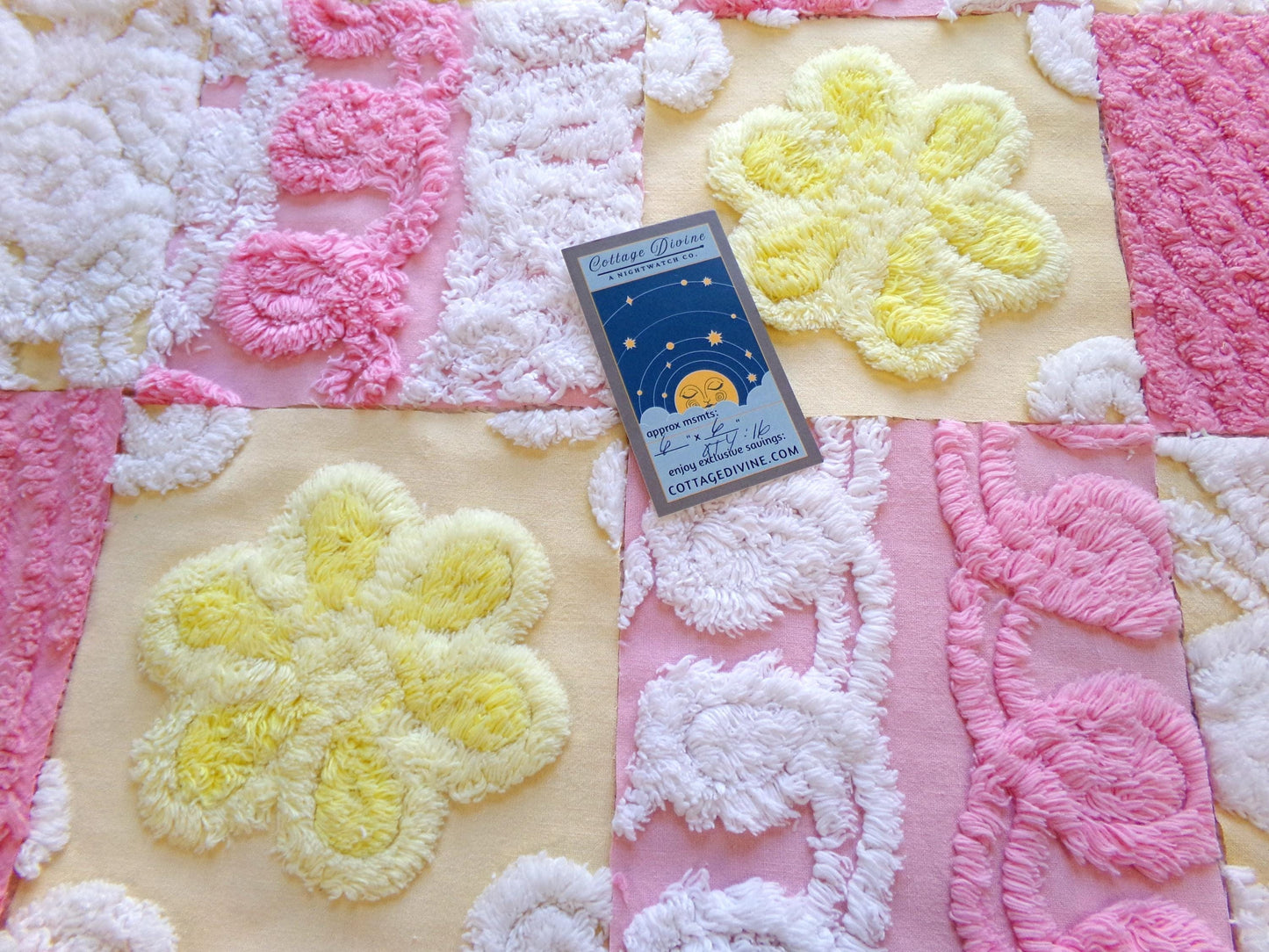 vintage 6" chenille fabric squares, set of 16 pink yellow quilt blocks, sugar & sunshine