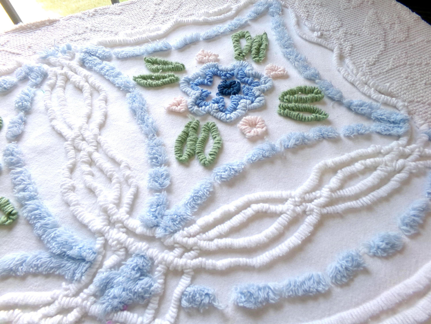 cottage chic vintage chenille fabric: pink & blue floral 24" x 24" cut piece sewing material