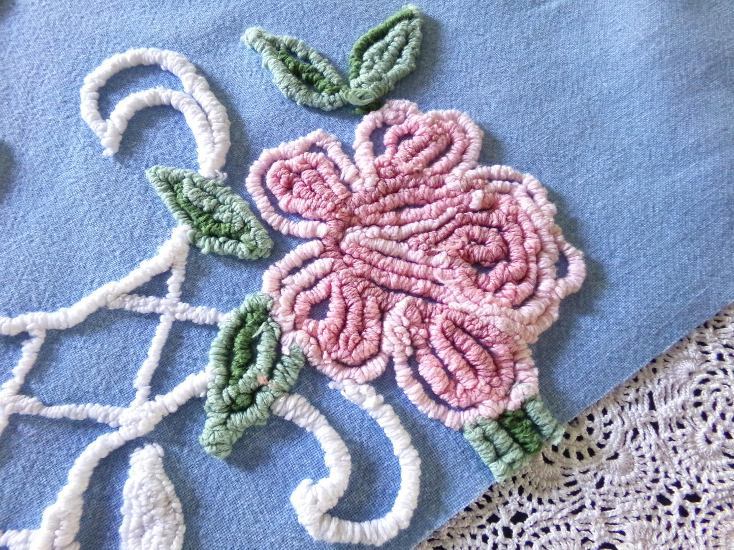 Romantic Pink Rose Vintage Chenille Fabric, 18" x 22" inch Piece, Blue Cotton Bkgd, Pretty for Pillow Covers or Quilting