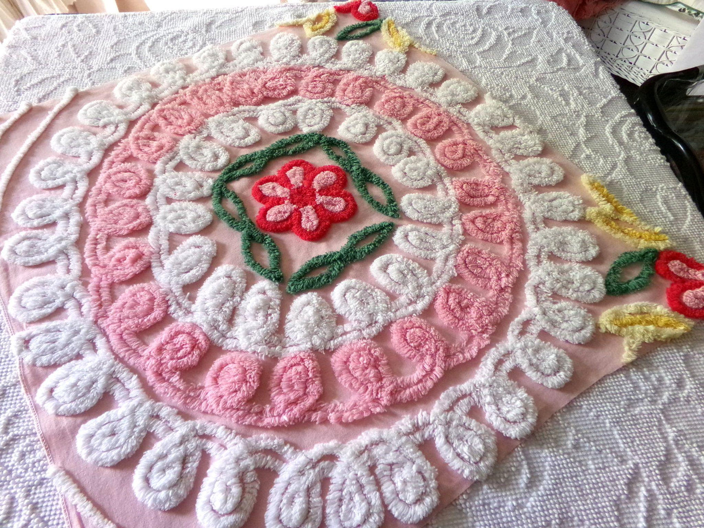 pink & white frosted cake chenille fabric, vintage 1950s sewing material for quilting and crafts, 24" x 23" inch piece with single rose