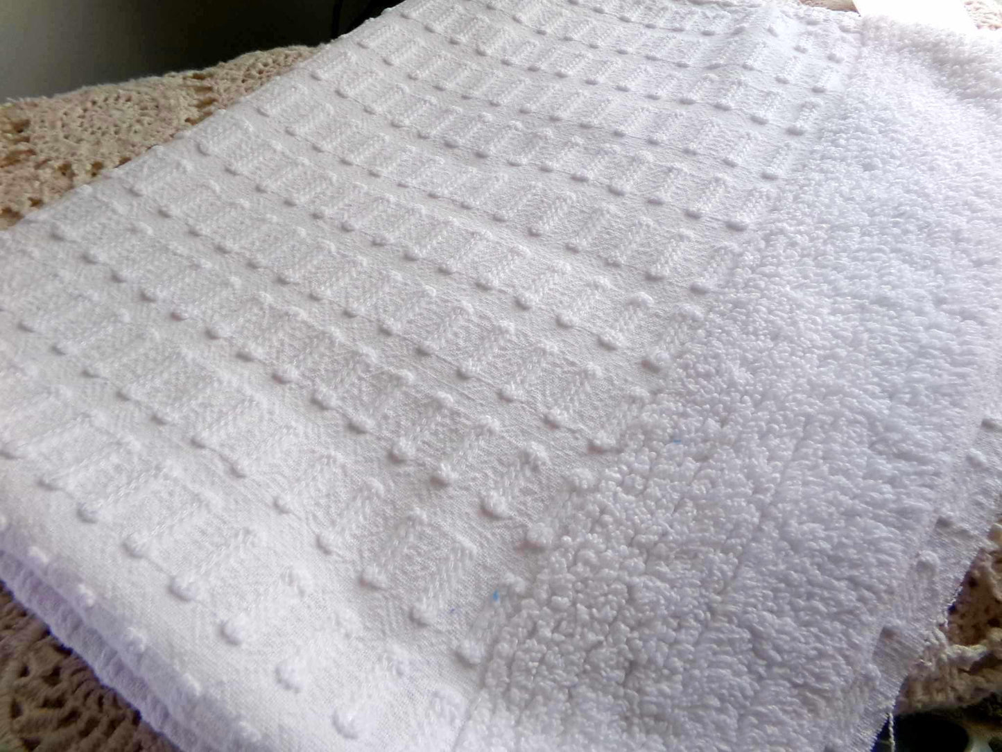 clean crisp white vintage chenille fabric: unique buttonhole design, 19" x 24" cut piece