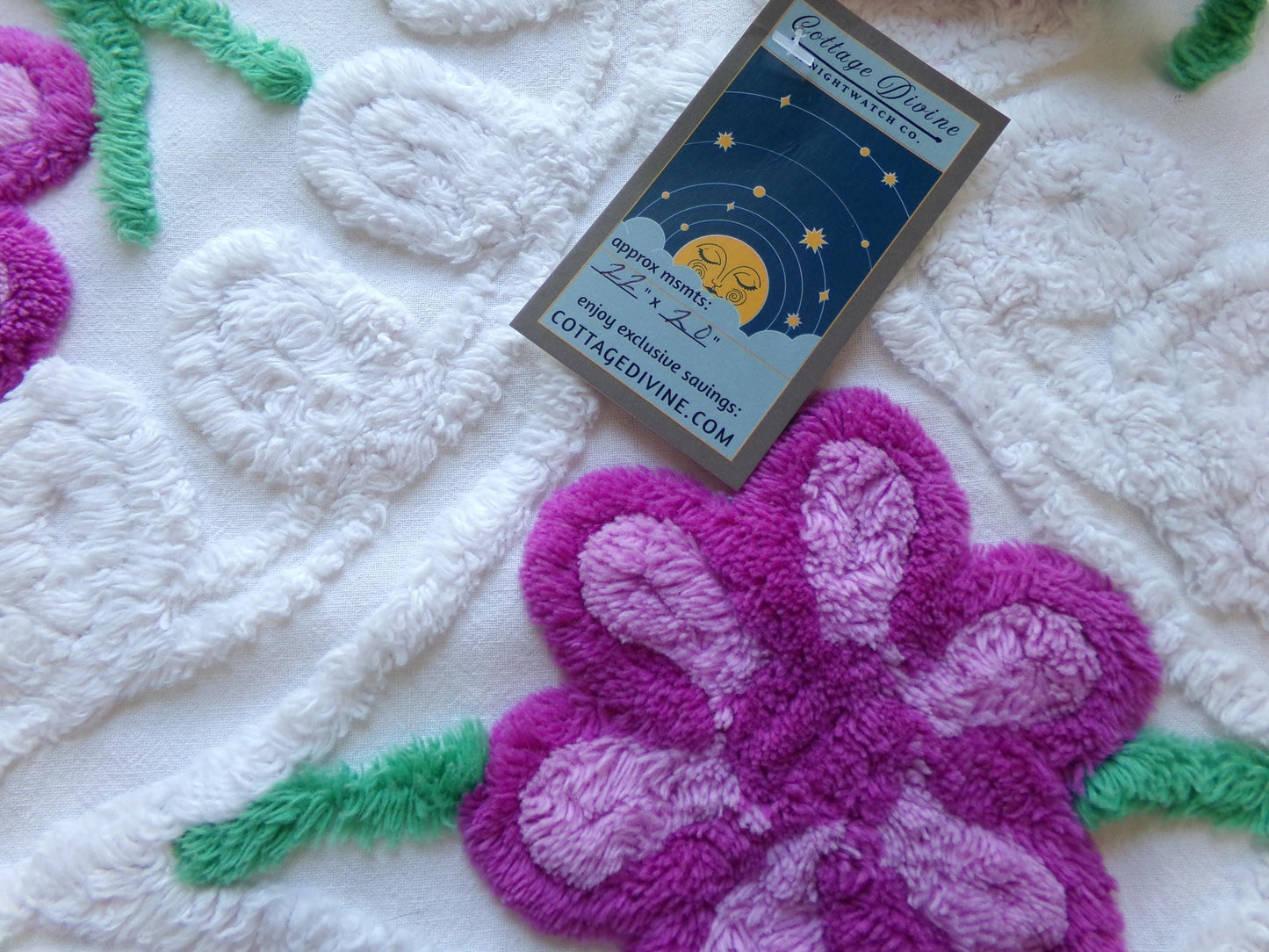 Lilac Garden Blooms Vintage Chenille Fabric, Pretty 22" x 20" Piece of Plush White Cotton Sewing Material Upcycle into Quilts & Crafts