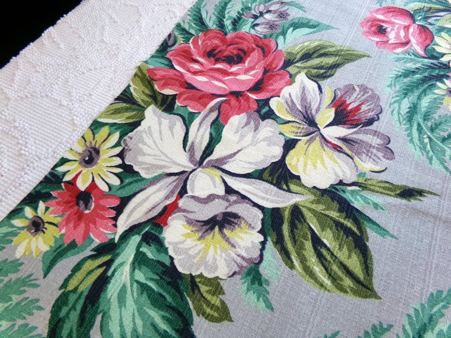 Botanical Vintage Barkcloth Fabric, Tropical Exotic Floral Print on Silvery Grey, 22" x 23" inches, Ideal Fabric Piece for Pillows