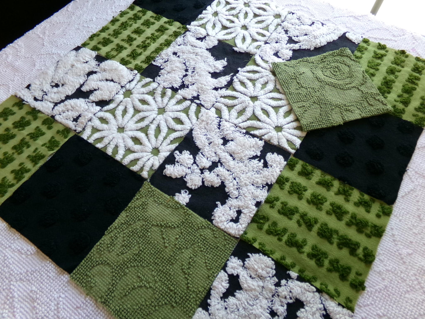 goblin green & black chenille fabric squares, set of 17 vintage boho quilt blocks for hippie style pillows, fiber arts
