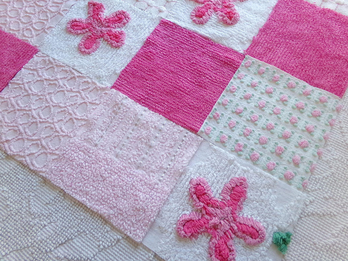 fun pink vintage chenille fabric squares, set of 16 quilt blocks 6" each geometric & flowers for crafts, sewing