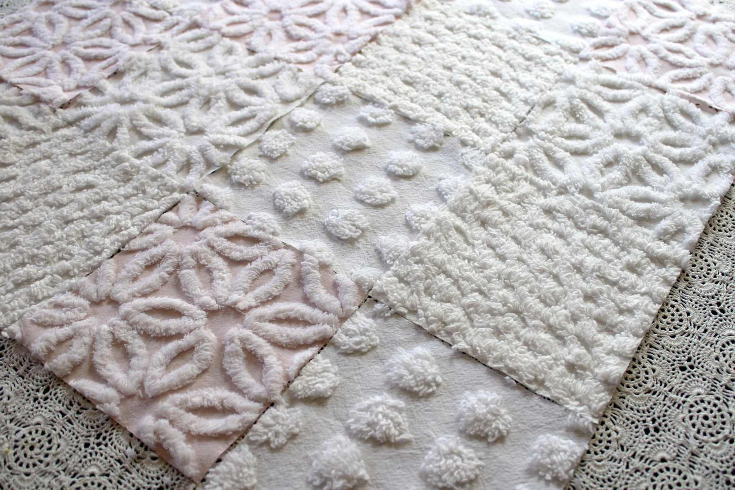 Baby's Breath Chenille Fabric Squares Set in White & Pink, Cut from Vintage Chenille Bedspread Material, 16 Blocks, 6" x 6" inch each