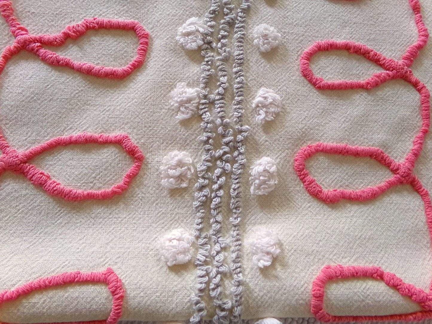 red doodles sewing fabric, retro design with grey pops on buttercream, 18" x 24" inch piece cut from a vintage chenille bedspread