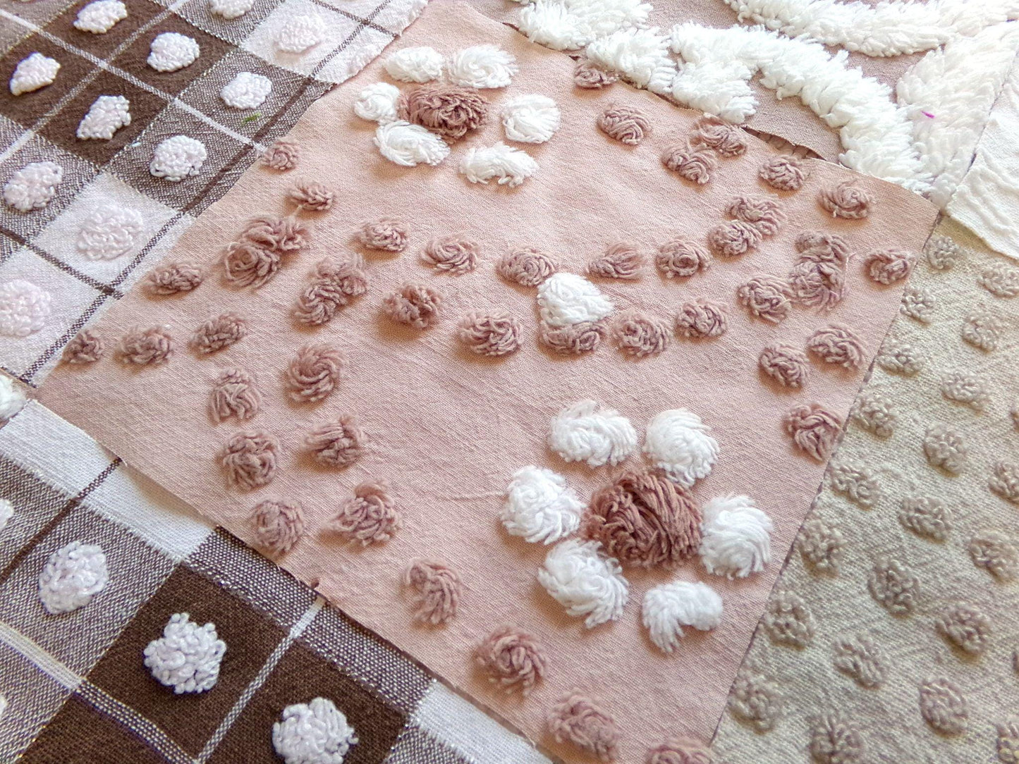 vintage 6" chenille squares, "boho girl" set of 16 quilt blocks, rotary cut from vintage chenille & matelasse bedspread fabrics