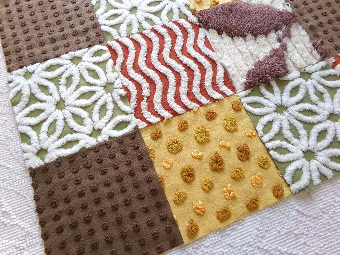 earthtones 6" chenille squares, "autumn winds" set of 16 craft quilt blocks cut in warm boho fall colors for patchwork projects, rag quilts