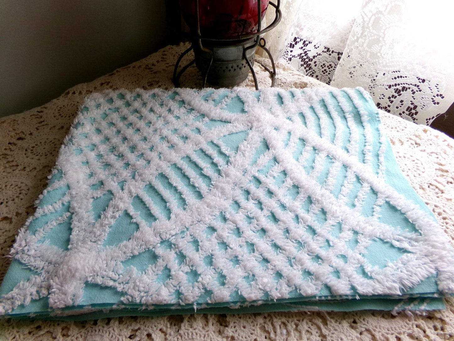 popular coastal aqua & white vintage chenille fabric, geometric chenille tufts, 20"x 25" inch piece of quilt sewing material