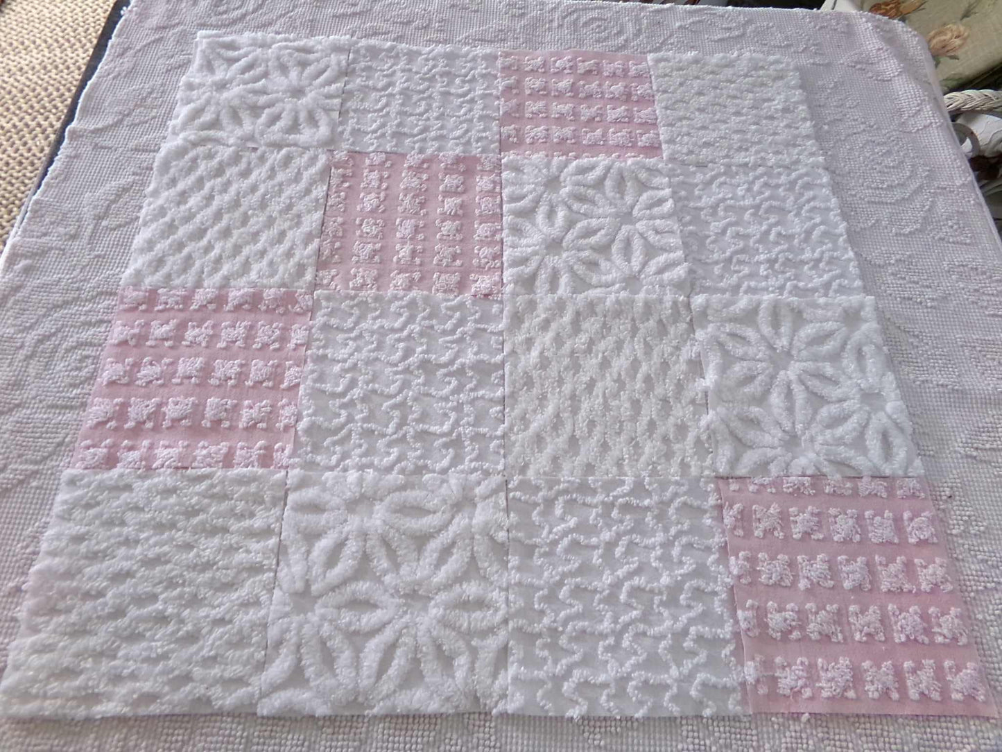 angel wings chenille fabric squares, pink & white rosebud, lattice, dots, squiggles, vintage square set of 16 quilt blocks, 6" x 6" inch