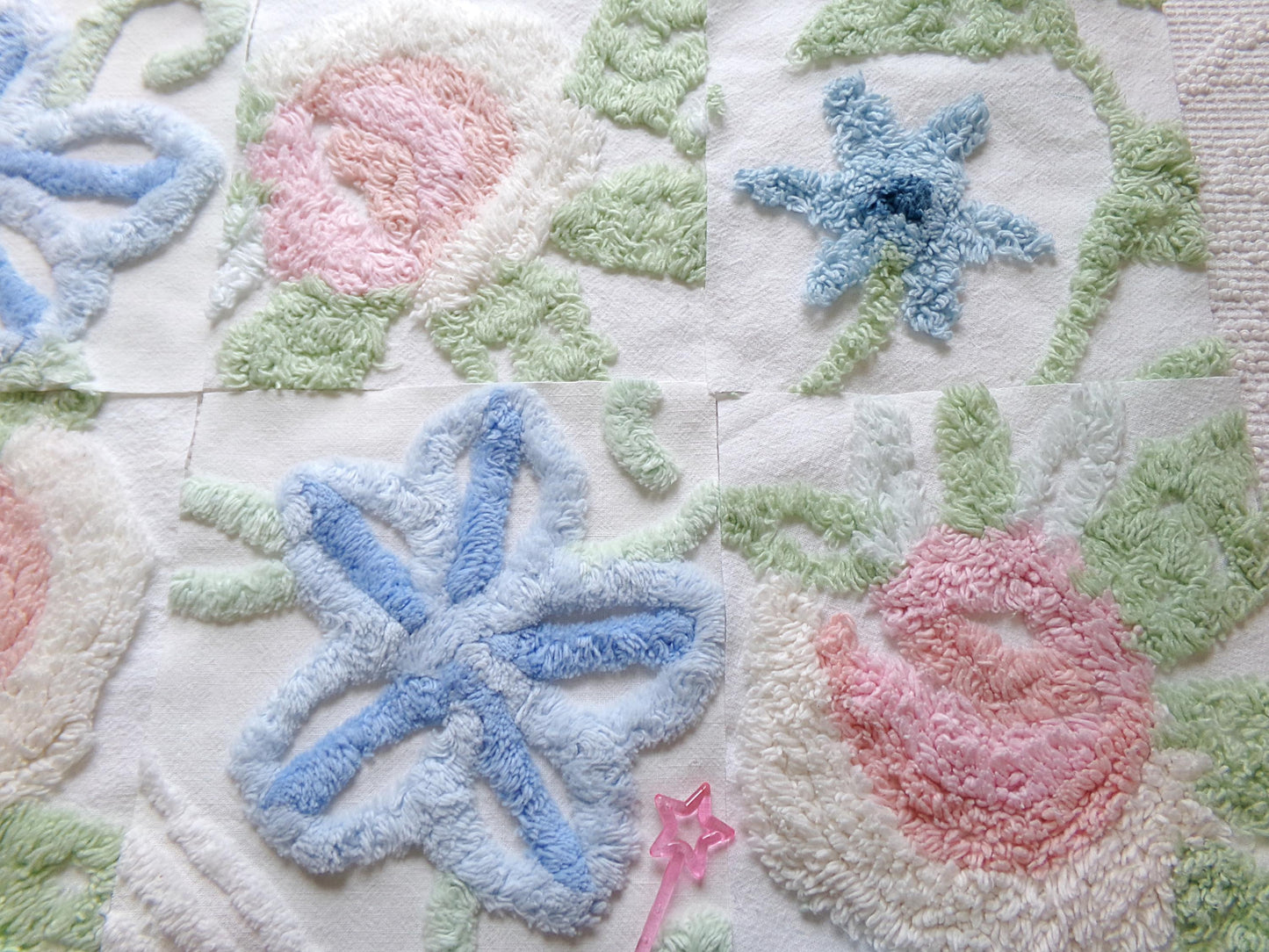 vintage chenille fabric squares, "garden club winner" set of 16 beautiful floral 6" quilt blocks for quilting, crafts, sewing
