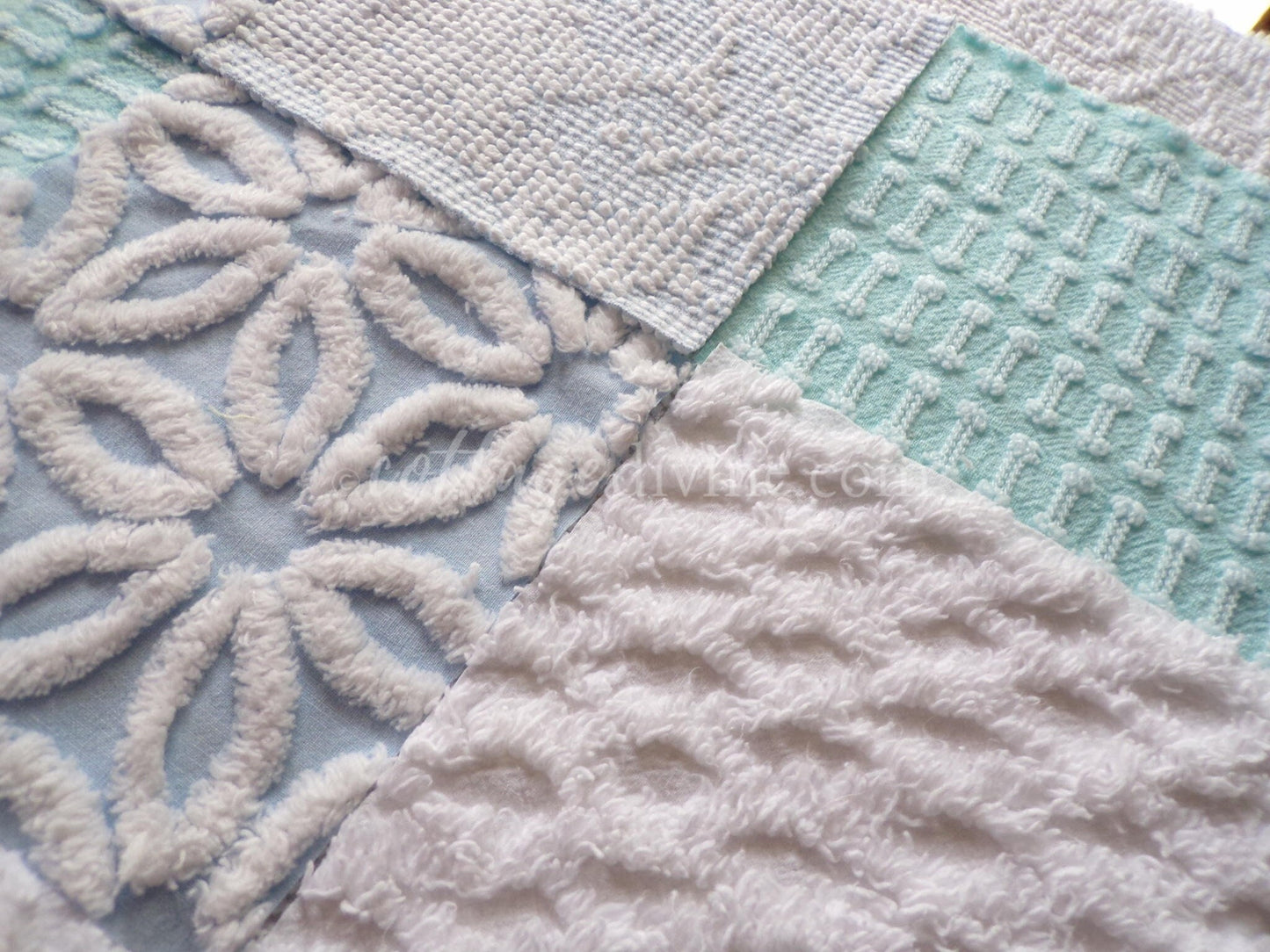 Barefoot on the Beach Chenille Quilt Squares Set from Vintage Bedspread Fabric, 16 Blocks, 6" x 6" inch, Coastal Blues & White