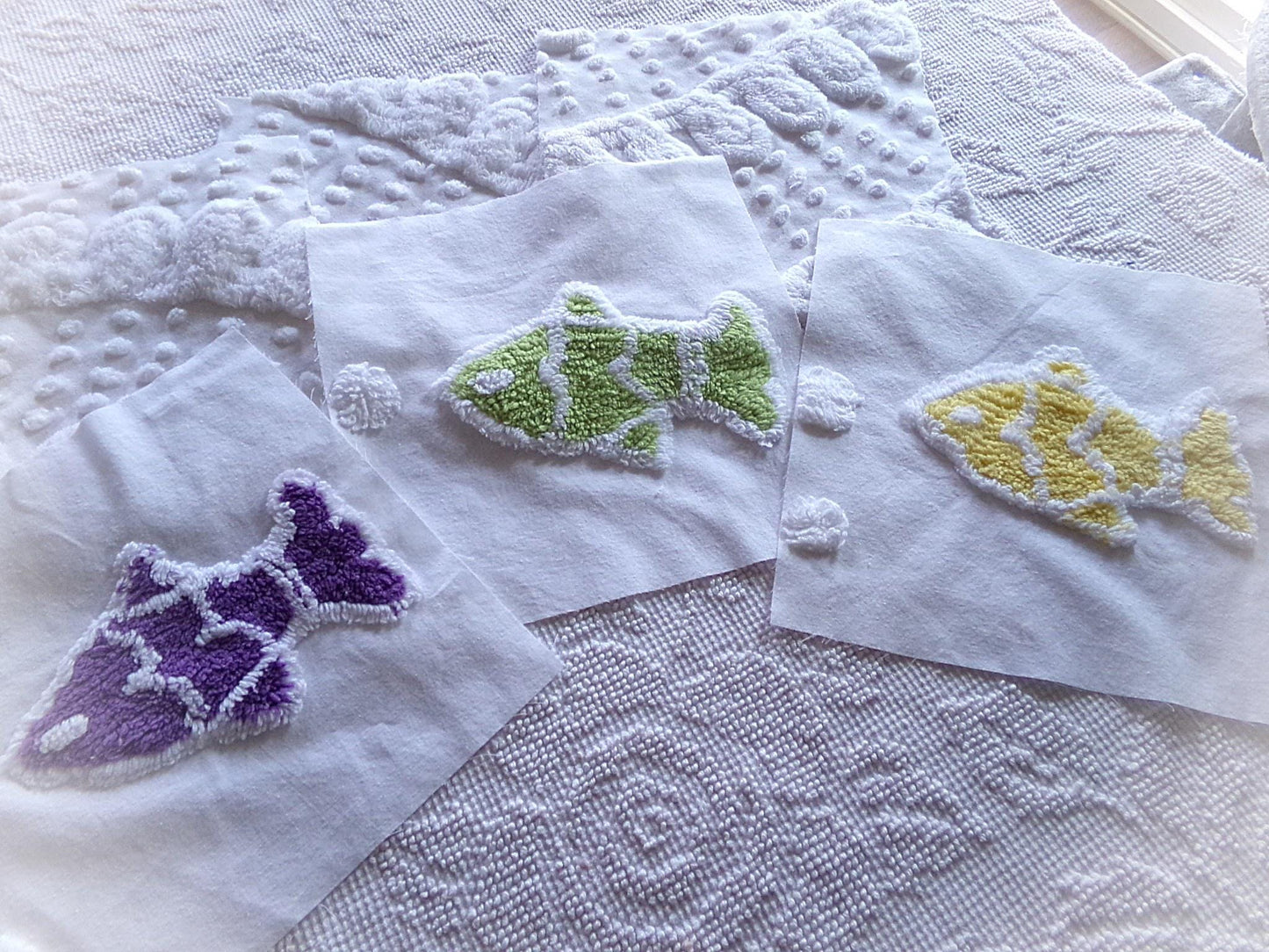 school of fish chenille fabric squares, set of 6 large 9.5" square quilt blocks, fun fishies & plush white swirl dots