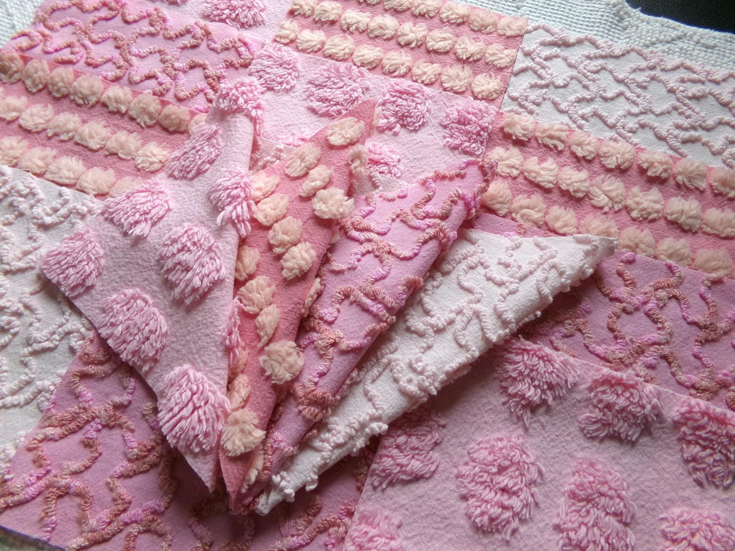 perky pinks chenille fabric squares, 16 vintage 6" quilt blocks in pops & squiggle texture, for sewing, crafts, fiber arts