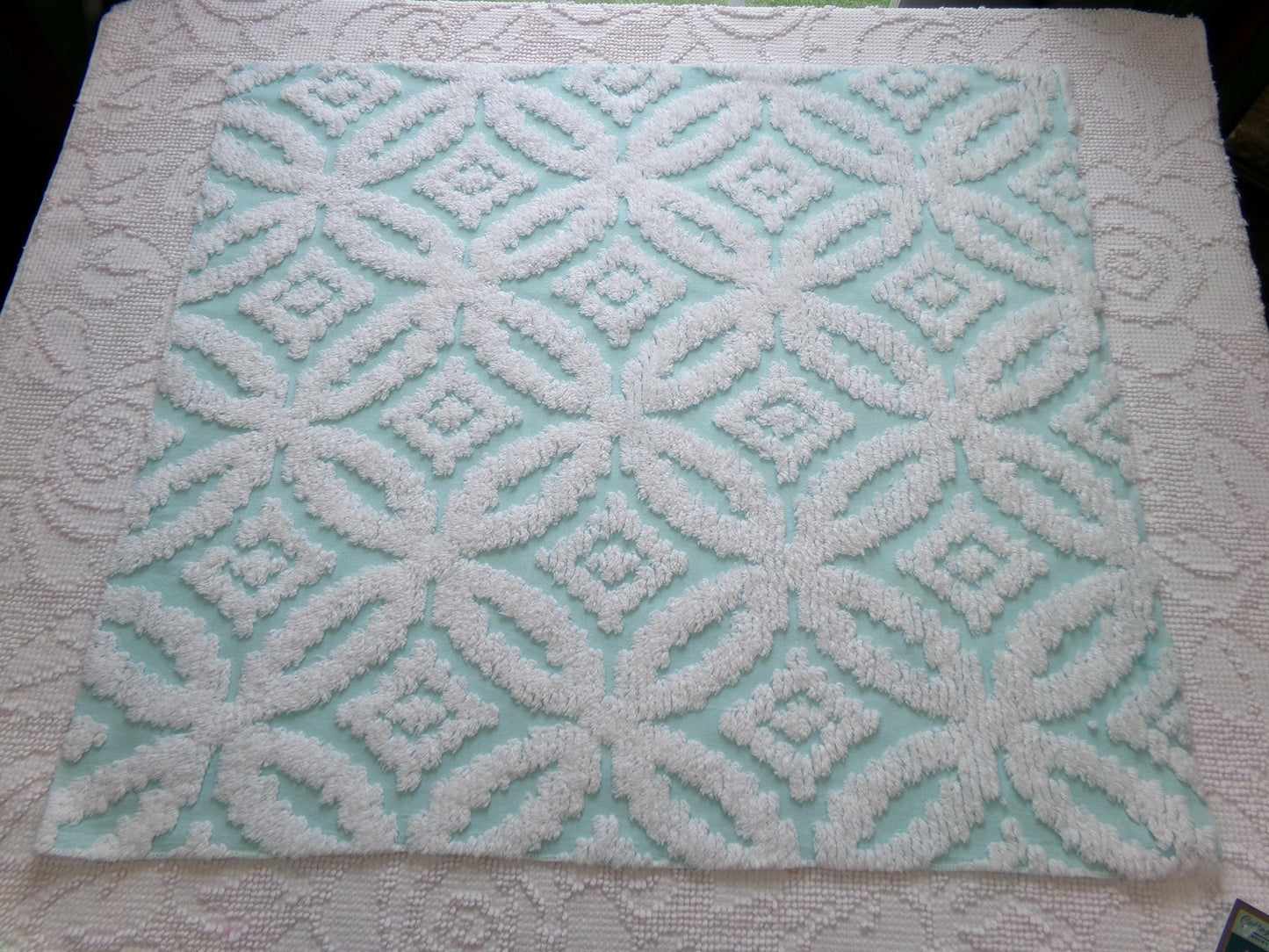 vintage aqua chenille fabric, white petals geometric design, 20" x 24" piece of sewing material