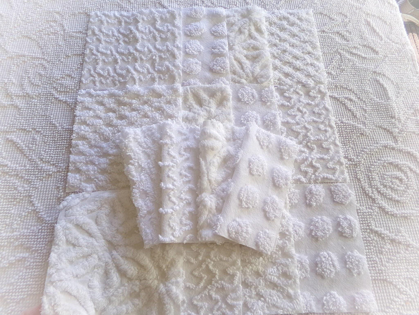 cherub feathers white chenille fabric squares, cut from vintage chenille bedspreads in popular patterns, set of 16 quilt blocks, 6" inch ea
