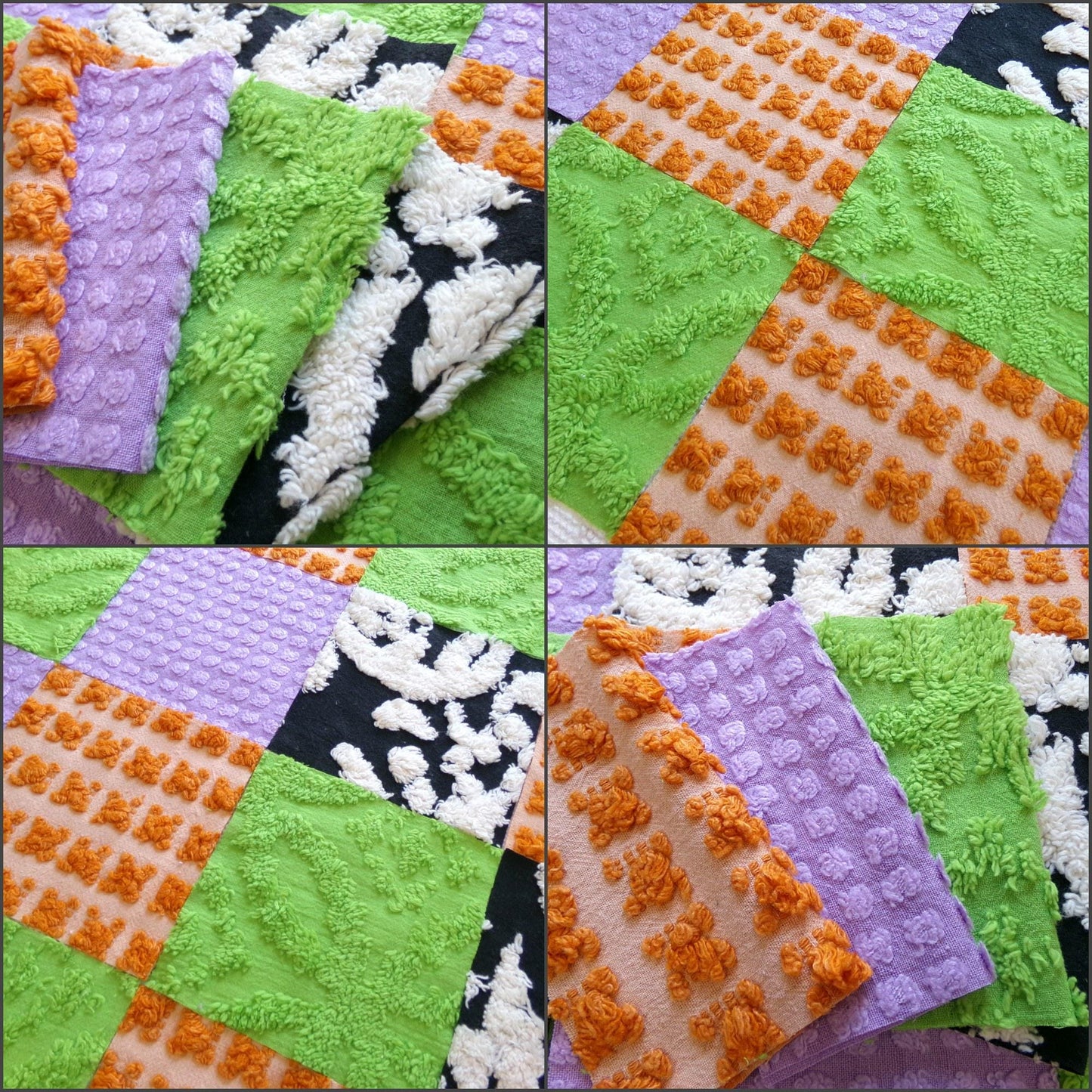whimsical witch vintage chenille fabric squares, set of 16 playful 6" blocks for crafts, sewing in orange, black, green & lavender