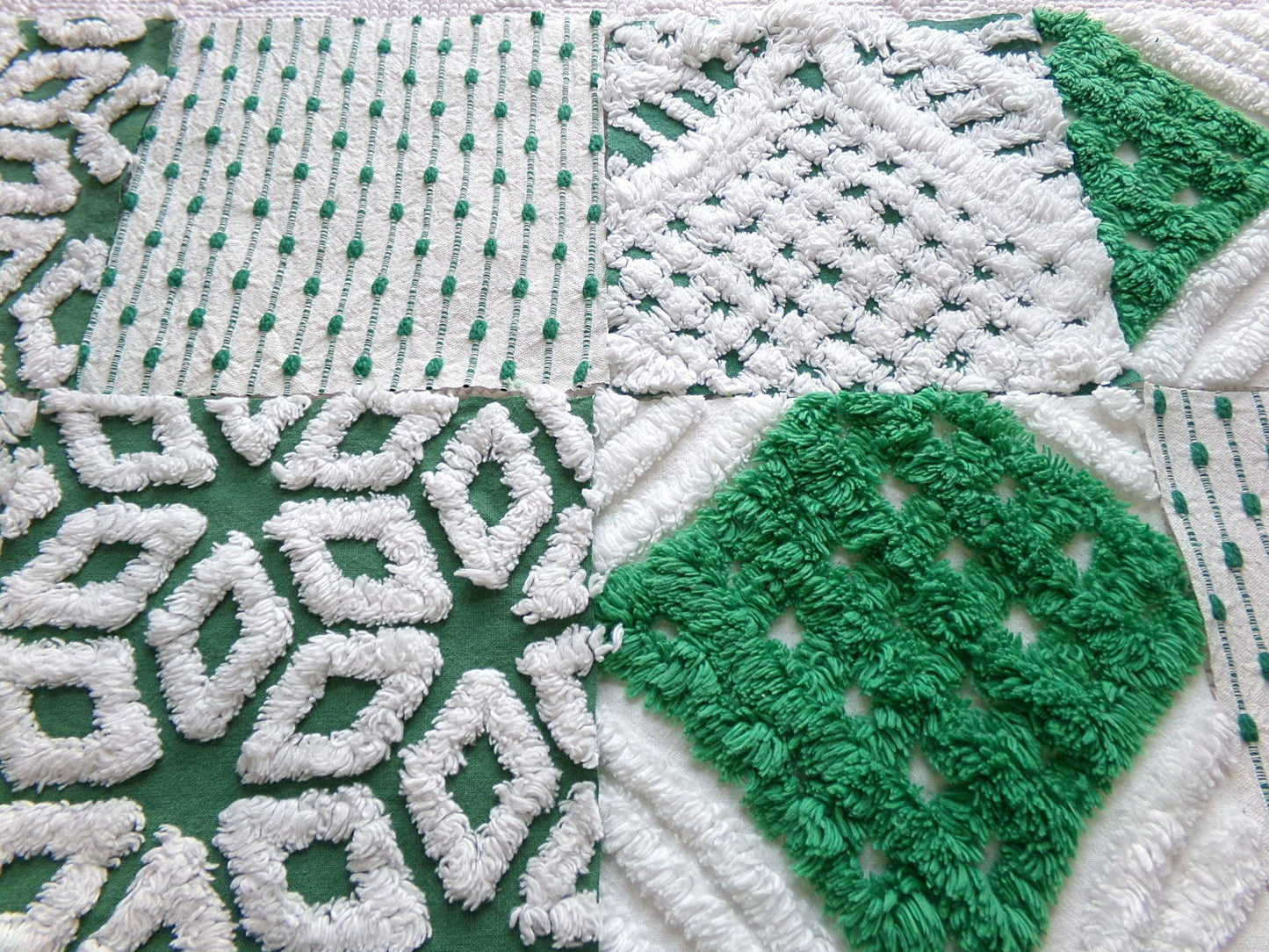 preppy green chenille fabric squares, set of 16 vintage 6" craft blocks, geometric designs for quilt inlays, pillows, fiber arts