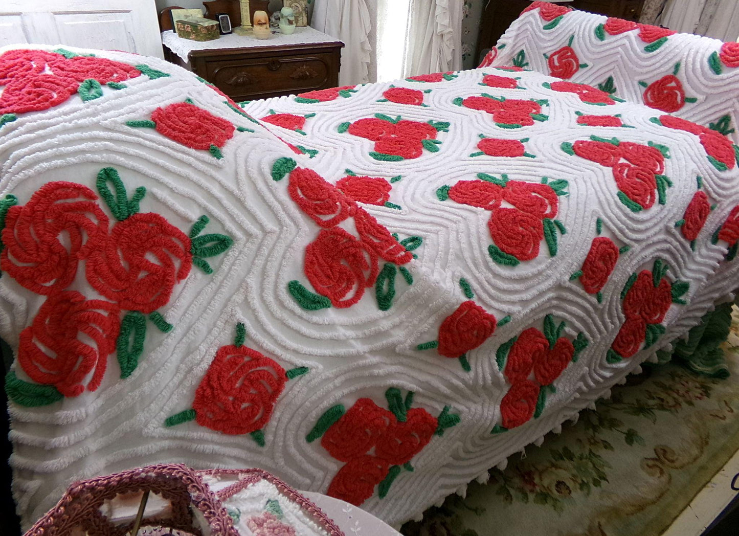 hopeless romantic vintage chenille bedspread, shabby red pinwheel roses in swirl hearts, 100% white cotton full size bedding, pom pom trim