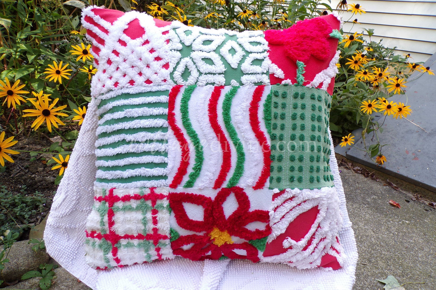 Christmas Patchwork Chenille Pillow Cover 16" x 16" inch Square, REVERSIBLE Accent Pillow Designed from Vintage Chenille Bedspread Fabric