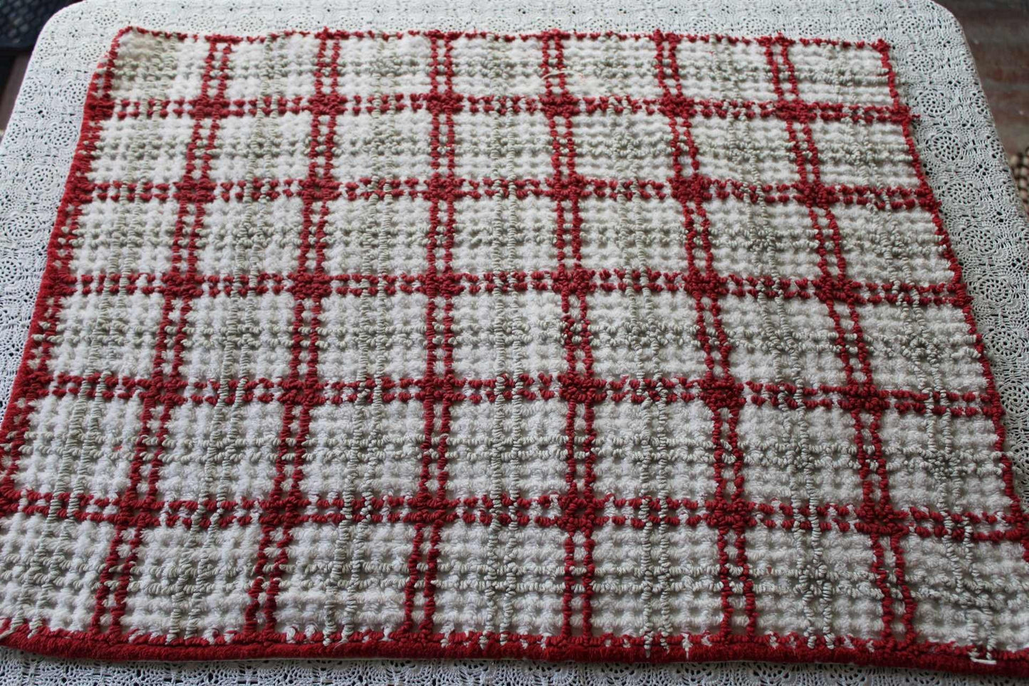 Classic Plaid Vintage Chenille Fabric, Maroon & Grey Needletufting on White Grid, 21" x 27" inch Piece, 100% Cotton