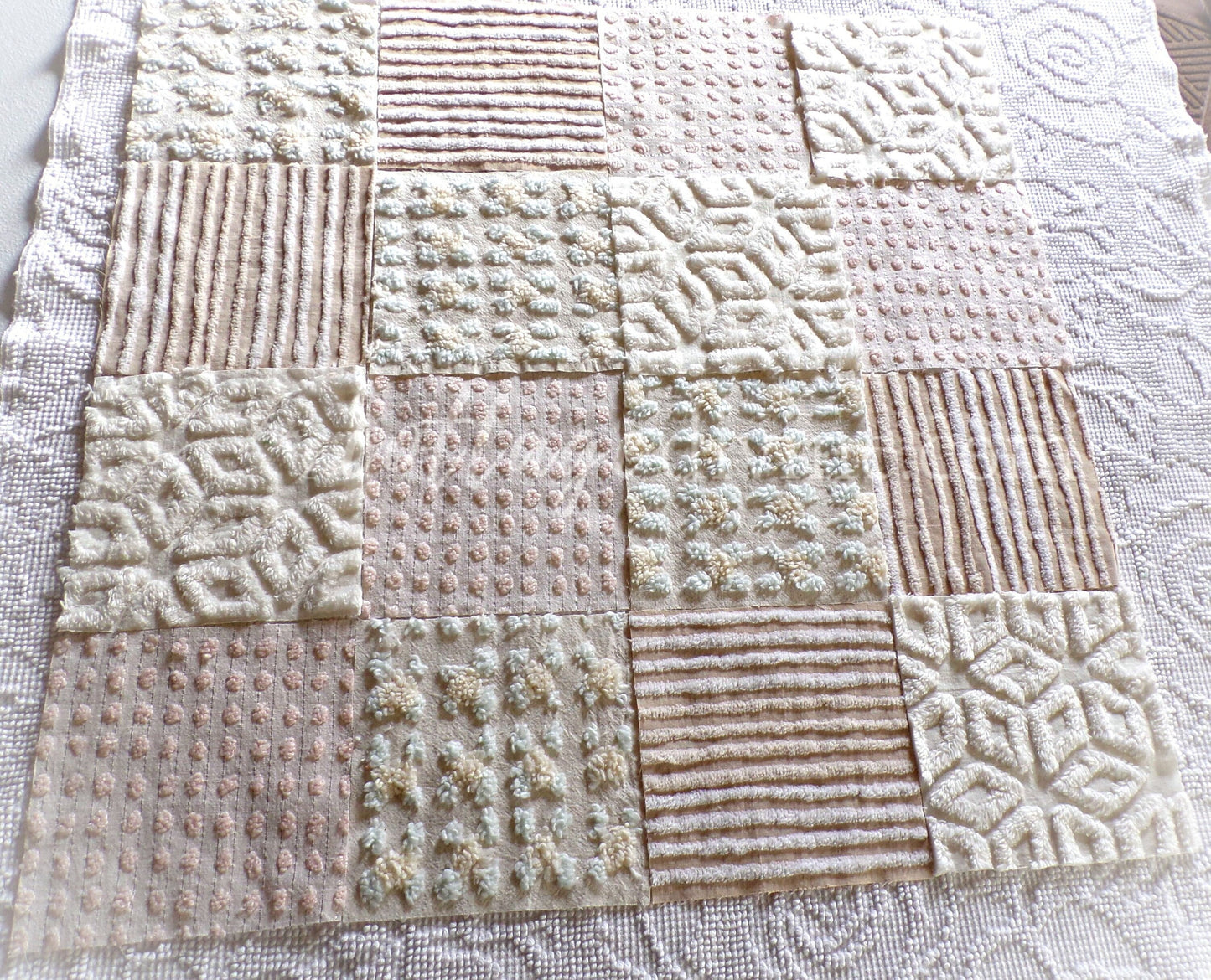 Dreamy Creamy 6" Chenille Quilt Squares, Rotary Cut from Vintage Chenille Bedspread Fabric, 16 Blocks, 6" x 6" inch, Neutral Creams