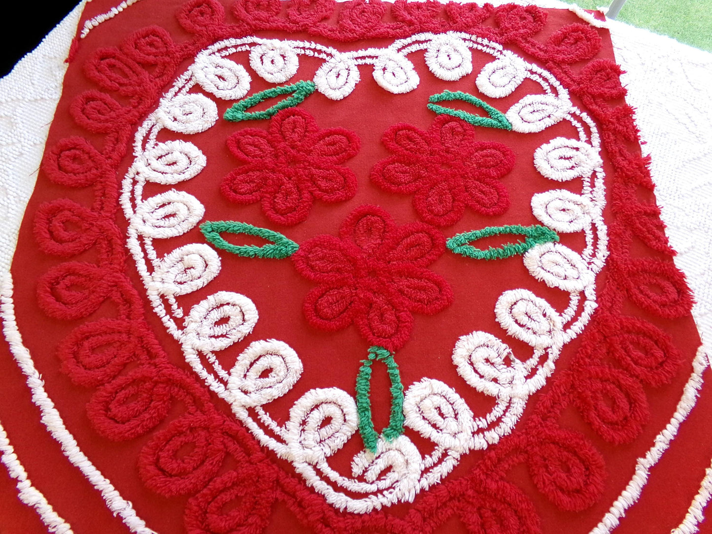 Christmas Heart Vintage Chenille Fabric, Festive Red & White for Crafts, Quilting, 20" x 25" Cut Piece
