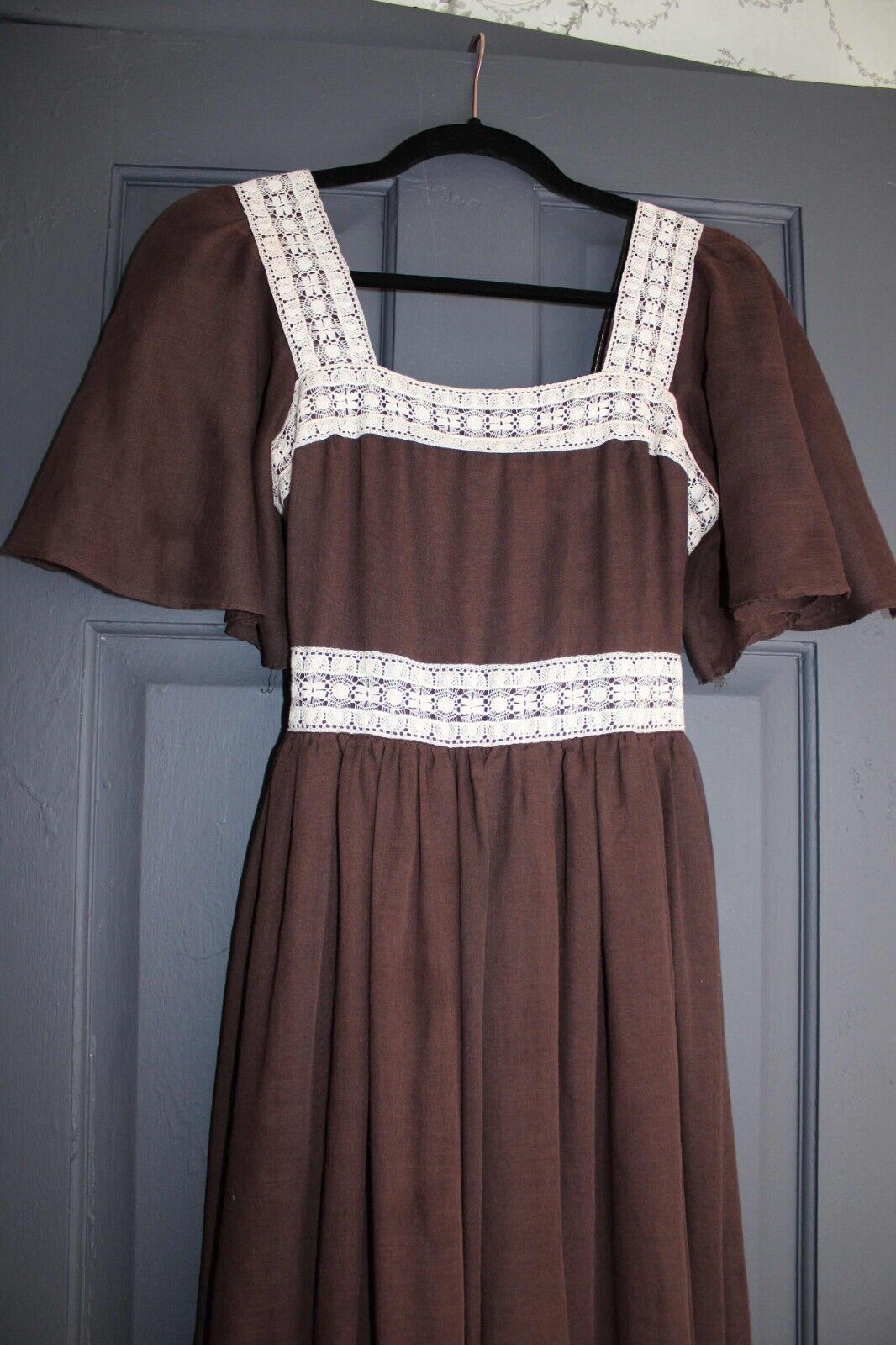 Vintage Boho Brown Prairie Dress, 1970s Long Maxi Length Gown, XS Jr Sz 11, Act I