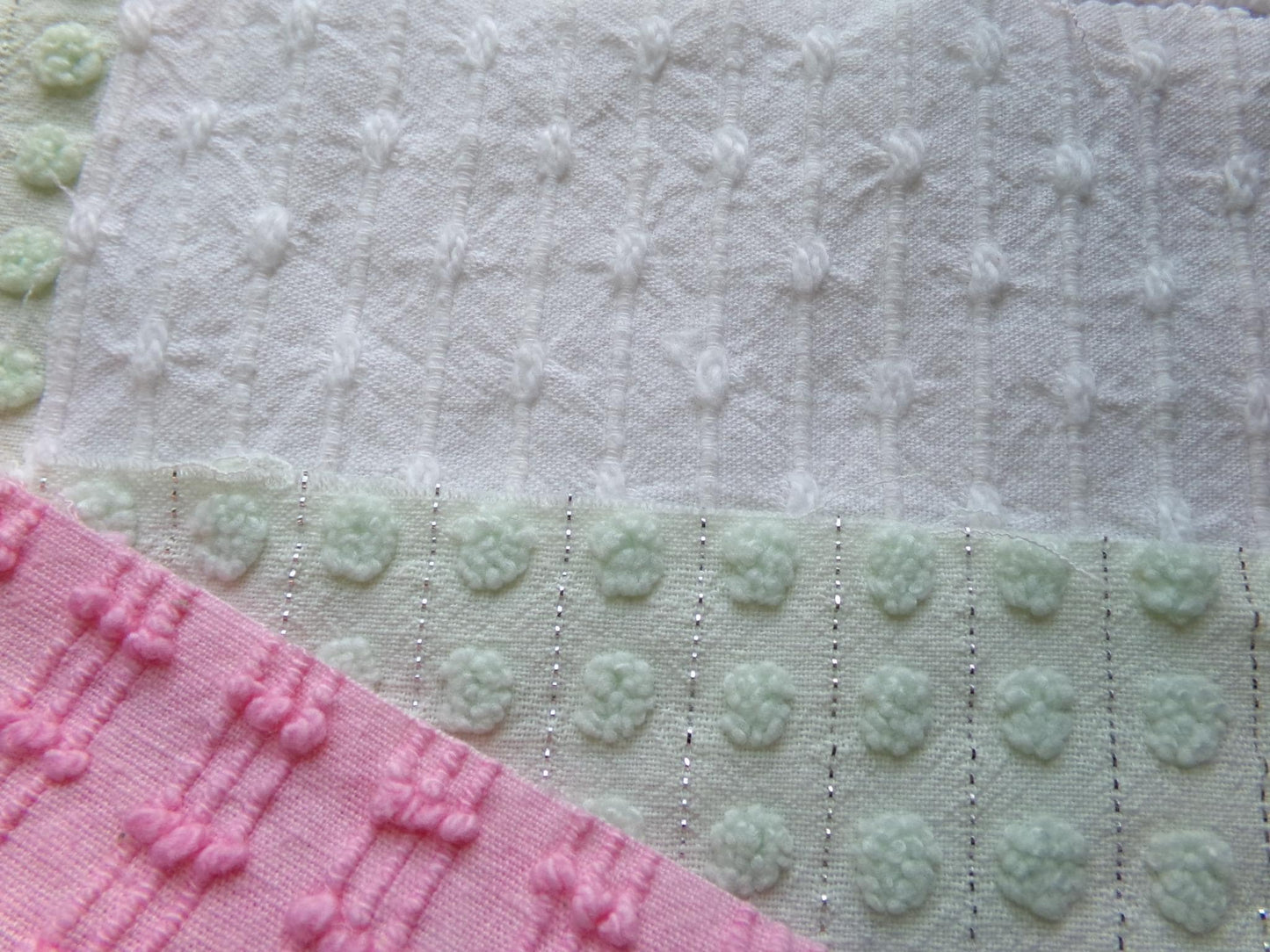 fairytale pink & green chenille fabric squares, set of 12 vintage 6" quilt blocks in crafty girl's dozen, popular squiggles, rosebud, dots