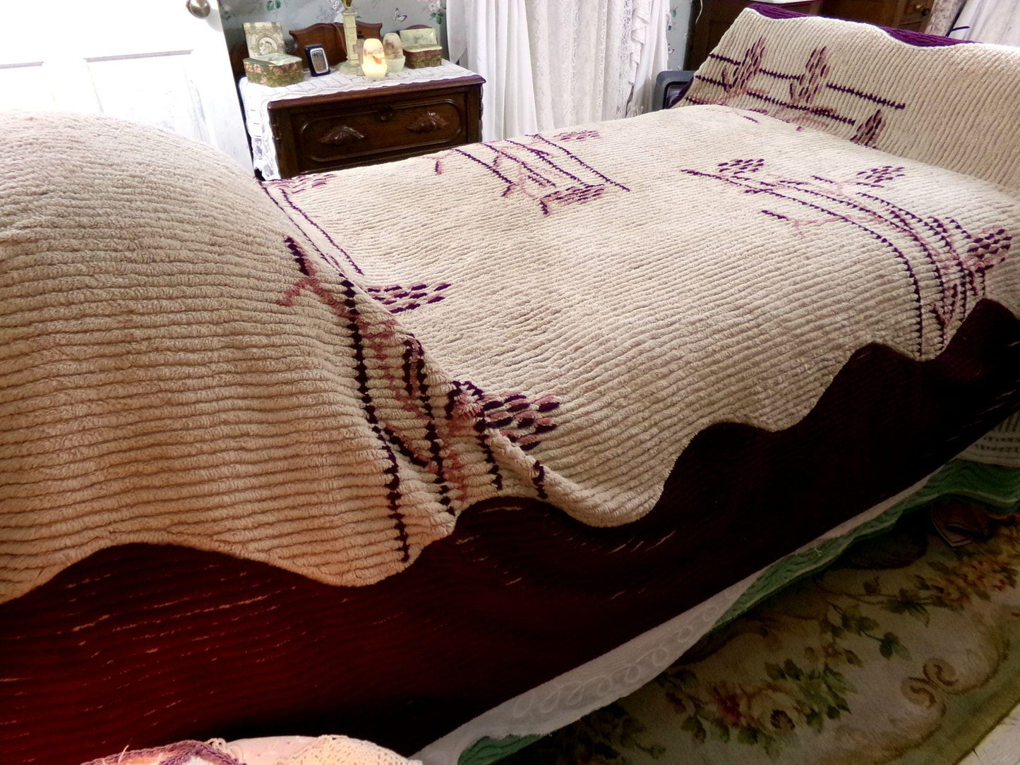 Shabby Cattails Vintage Chenille Bedspread in Art Deco Design, Honey Beige & Wine Twin Size Antique Bedding, #2