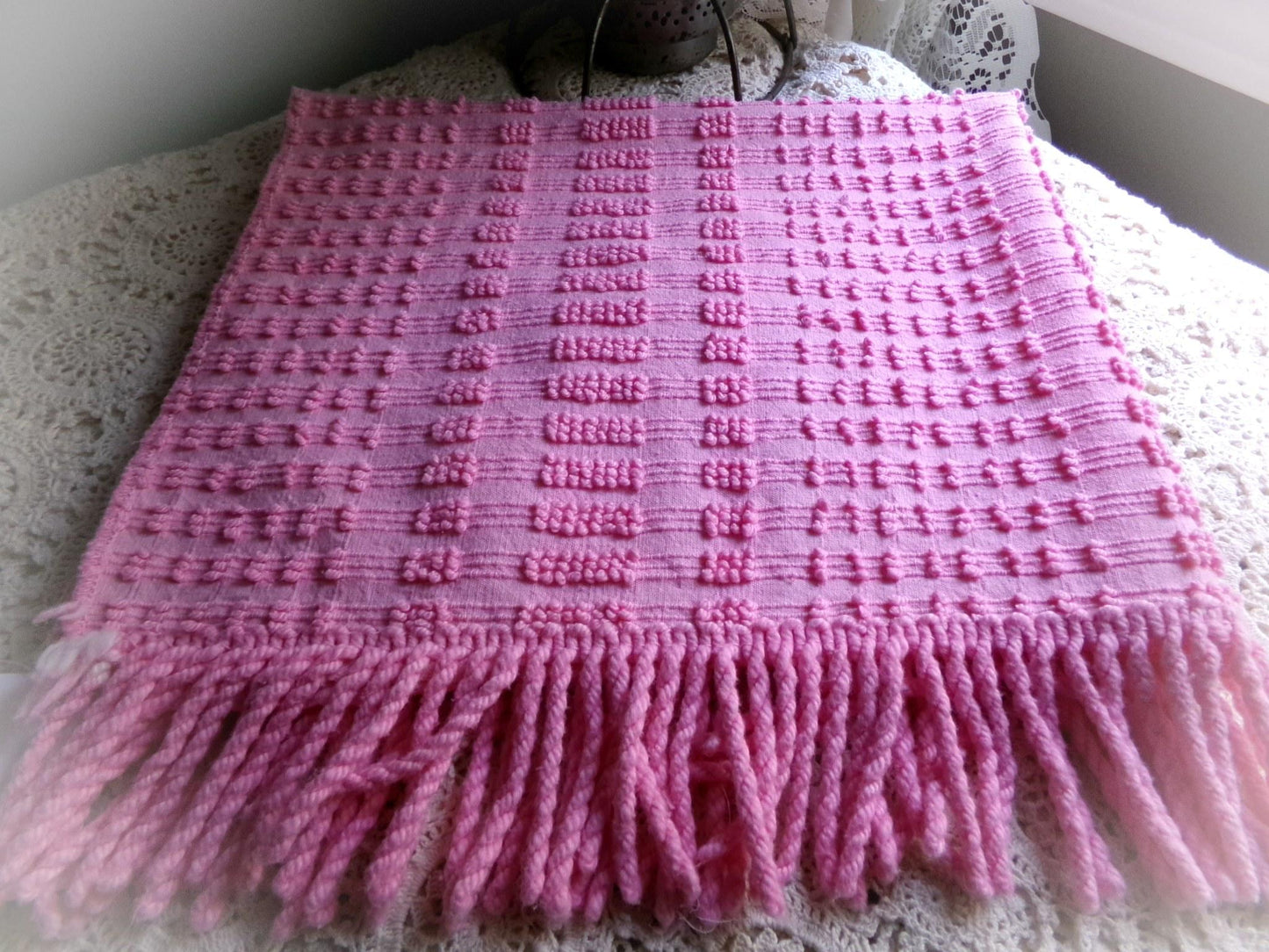 pink pearly pops vintage chenille fabric, 20" x 24" cut piece quilt material for sewing, crafts, upcycling, fun texture & unique design