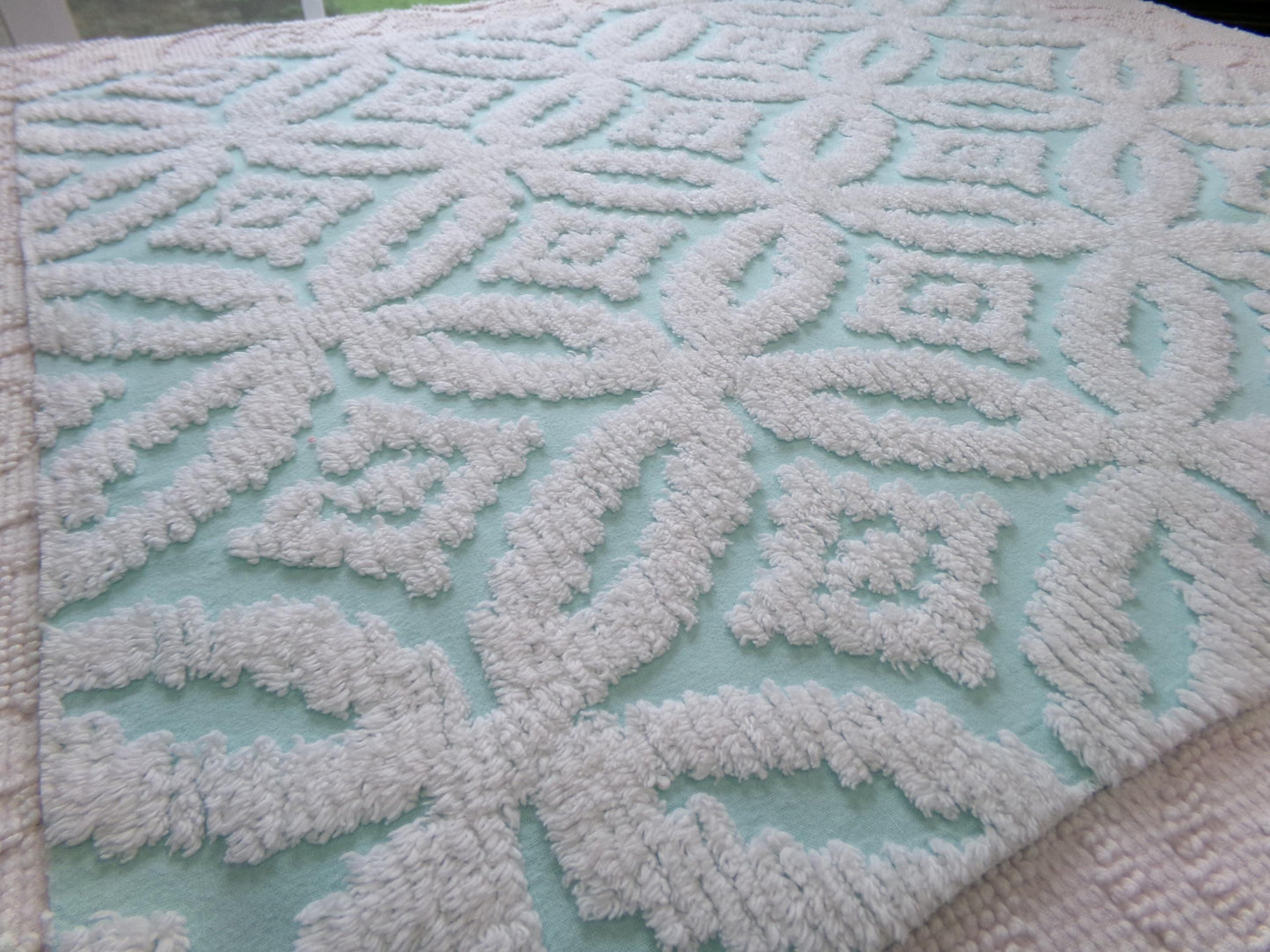 vintage aqua chenille fabric, white petals geometric design, 20" x 24" piece of sewing material