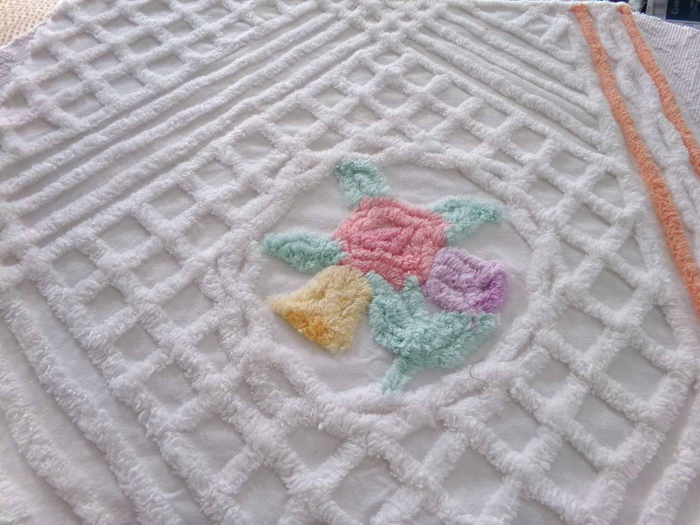 pastel springtime flower bouquet in tufted white webbed chenille, 21" x 25" inch vintage fabric piece