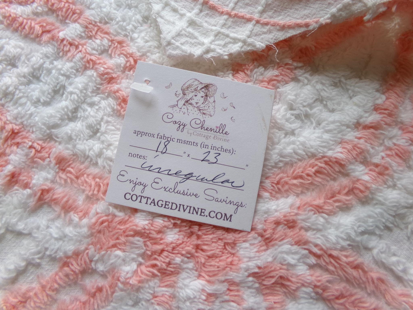 creamsicle peach & white chenille fabric piece, vintage cotton quilt material, wedding ring design, 18" x 23"