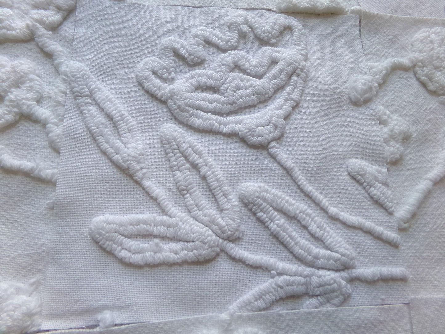 Vintage Chenille Fabric Squares in Rose Lily White Florals from Vintage Bedspread Fabric, Set of 16 Quilt Blocks, 6" x 6" inch