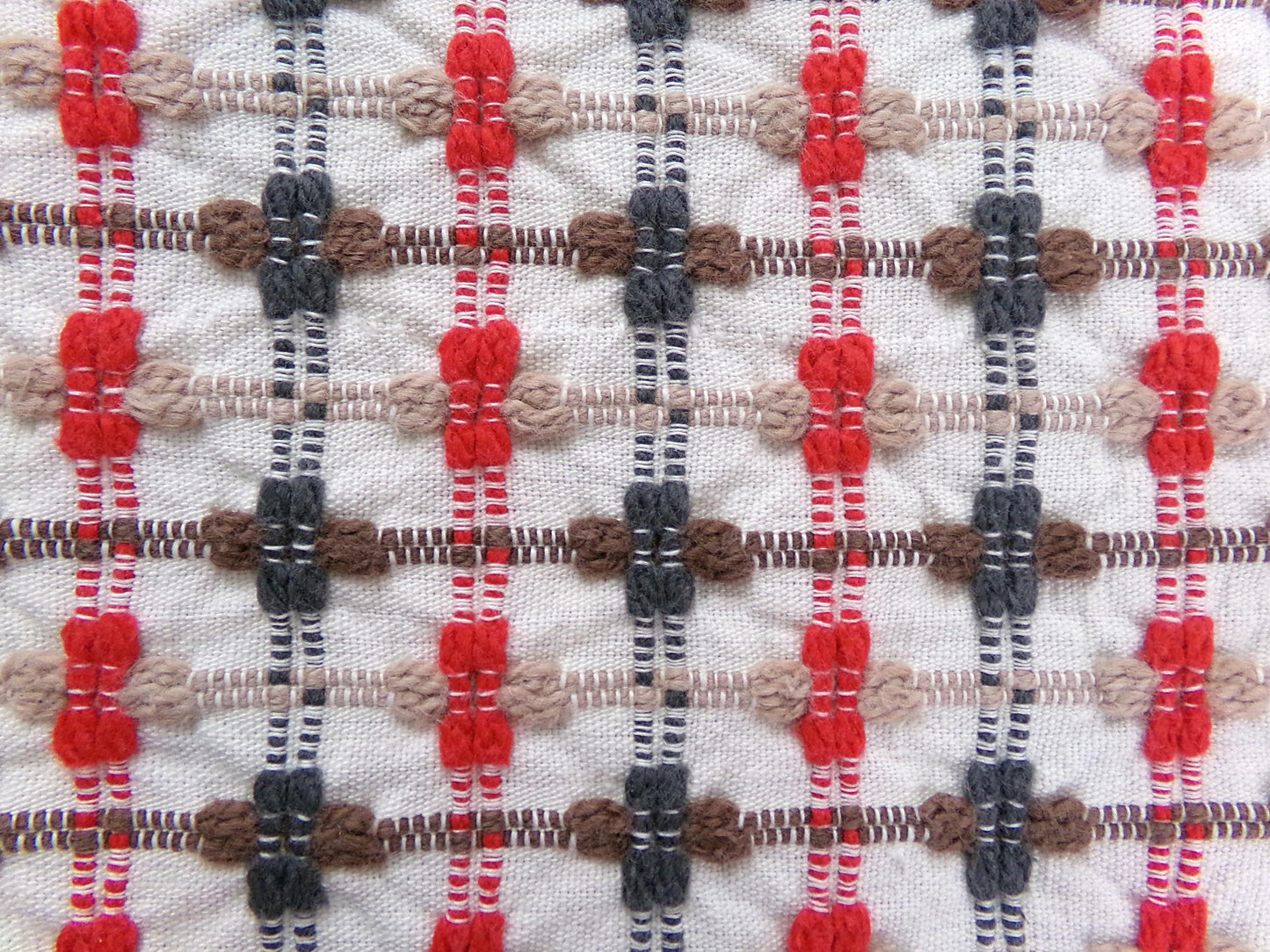 little bow tie vintage woven fabric w/ intersecting chenille cross ties in red, charcoal, mocha & brown, 20" x 24" cut piece sewing material