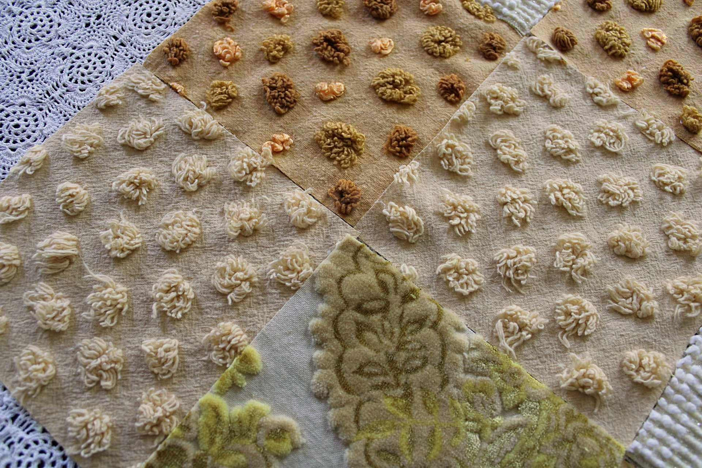 Chenille & Velvet Quilt Squares Set, "Sun Goddess", from Vintage Bedspread Fabric, 16 Blocks, 6" x 6" inches each, Earthtones