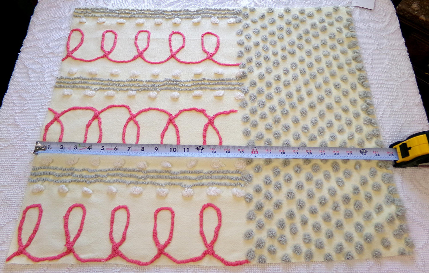 doodles & dots vintage chenille fabric, red loops w/ grep pops on buttery yellow, 20" x 24" cut piece