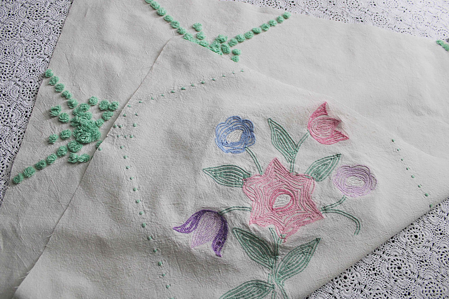 sculpted floral vintage chenille fabric, tulip peony flowers & little green bows, 20" x 25" inch piece of cotton sewing material for pillows