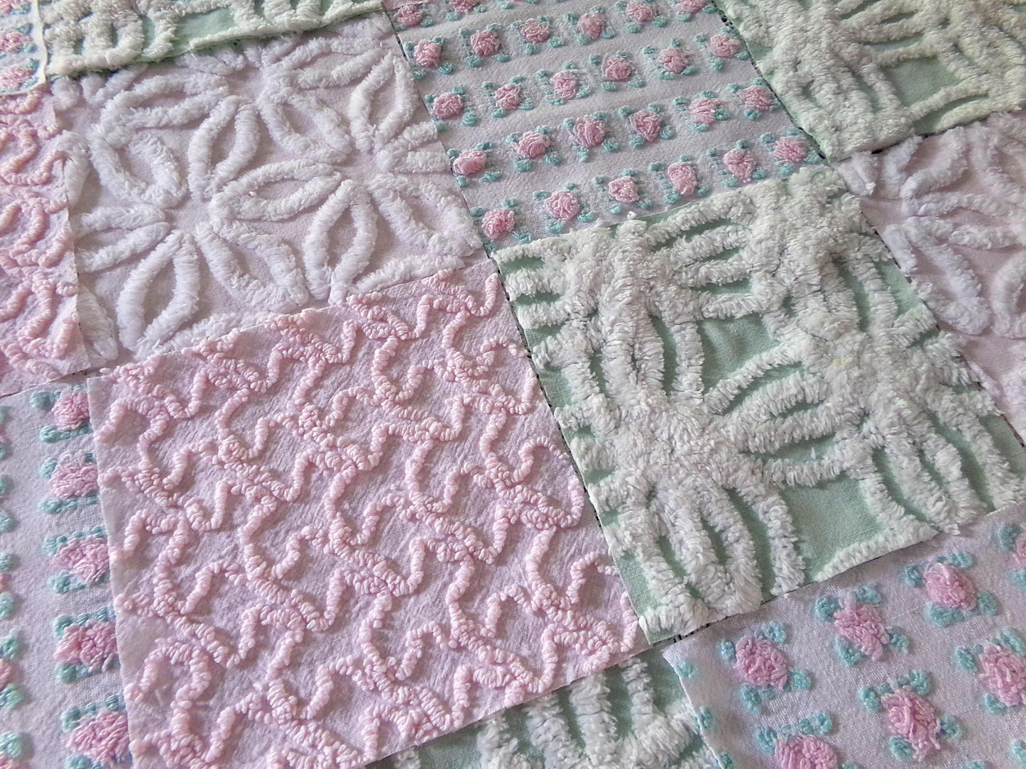 Chenille Squares Set, "Flower Petals," 16 Vintage Fabric Quilt Blocks, 6" inch in White Daisy, Pink Rosebud, Mint Green, Squiggles